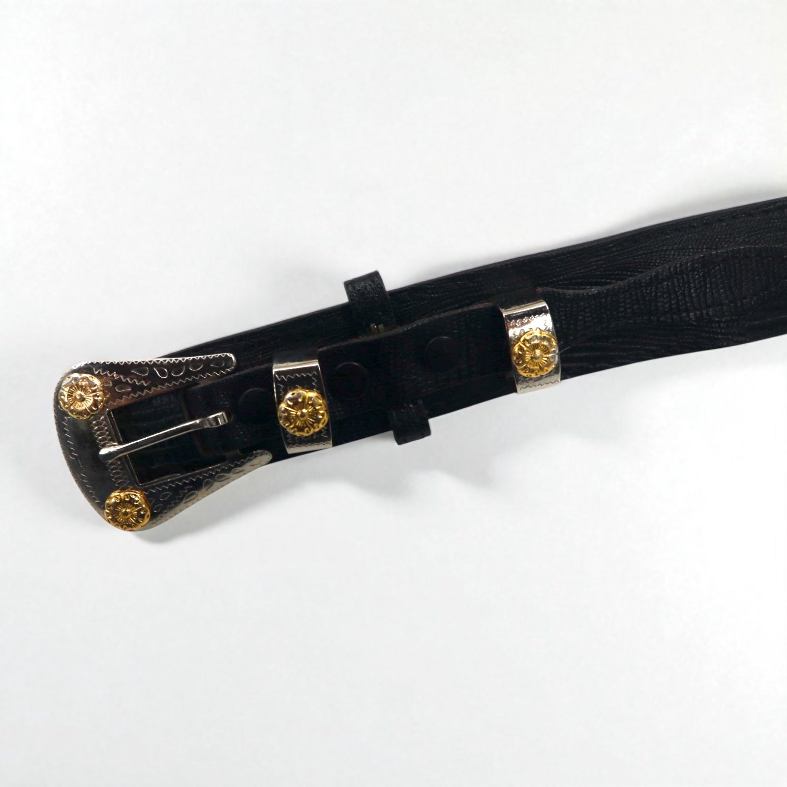 Cintura western in pelle Lyntone USA con stampa lucertola, taglia 38, colore nero, pelle bovina, fibbia argento e oro