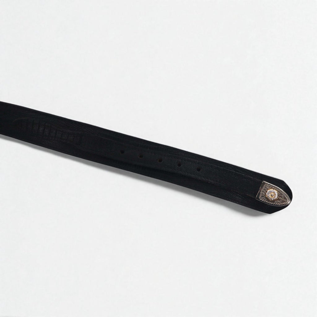 Cintura western in pelle Lyntone USA con stampa lucertola, taglia 38, colore nero, pelle bovina, fibbia argento e oro