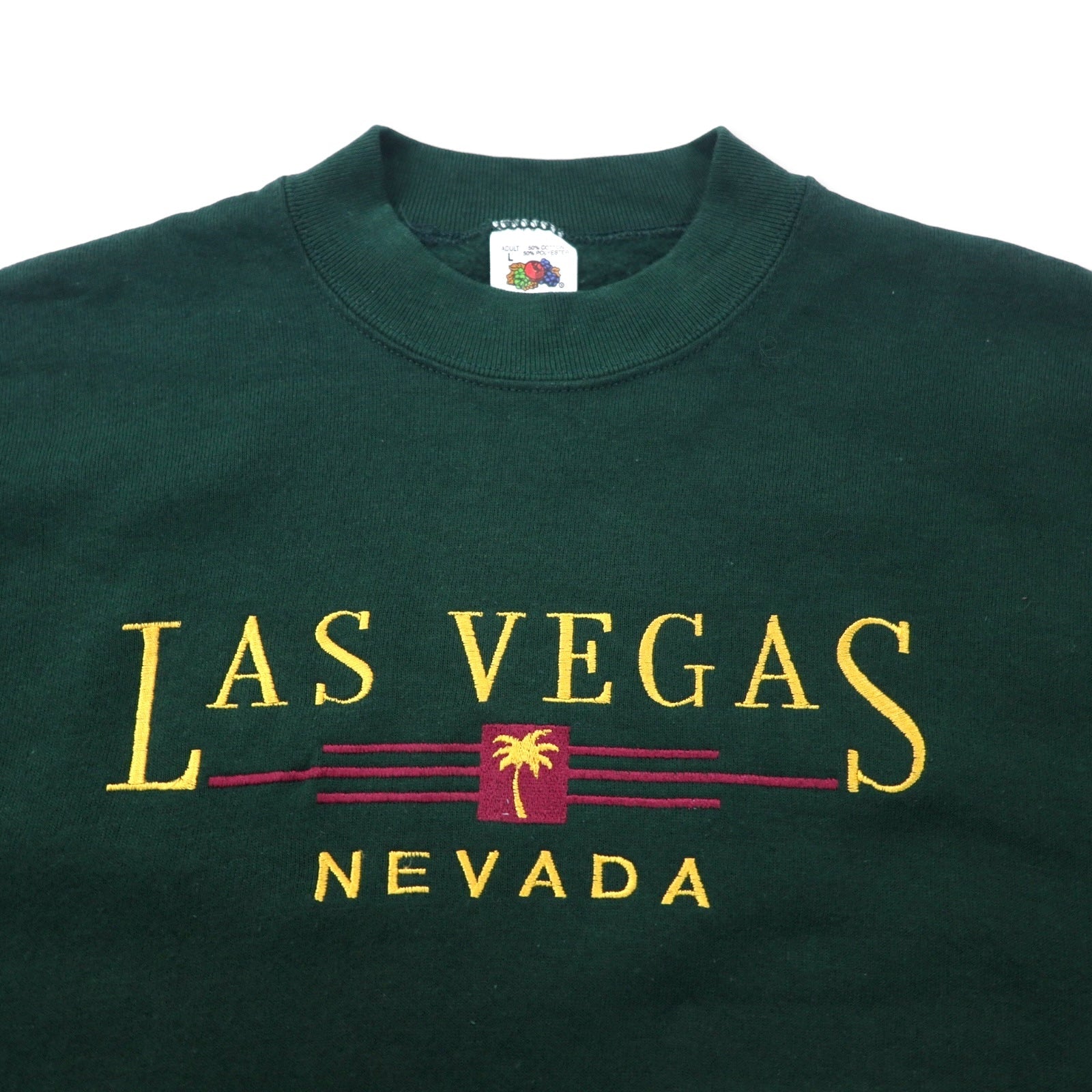 FRUIT OF THE LOOM USA 90s felpa ricamata L verde cotone felpata LAS VEGAS
