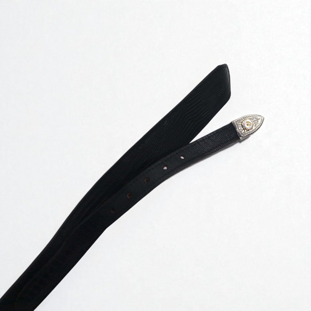 Cintura western in pelle Lyntone USA con stampa lucertola, taglia 38, colore nero, pelle bovina, fibbia argento e oro