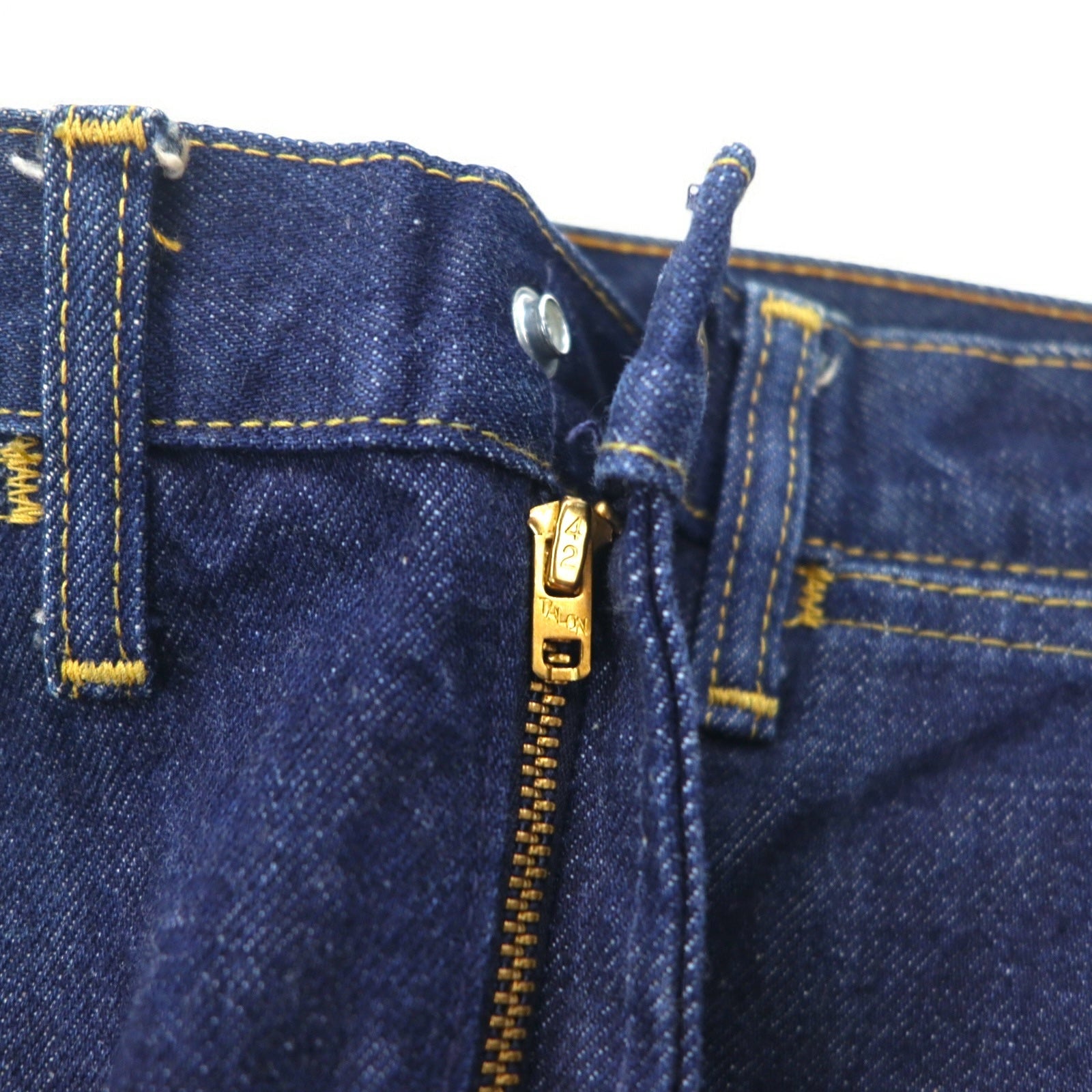 Lee anni '70 jeans a vita alta con piega centrale, taglia S, blu indaco, 42TALON, etichetta Union Ticket 303-1949