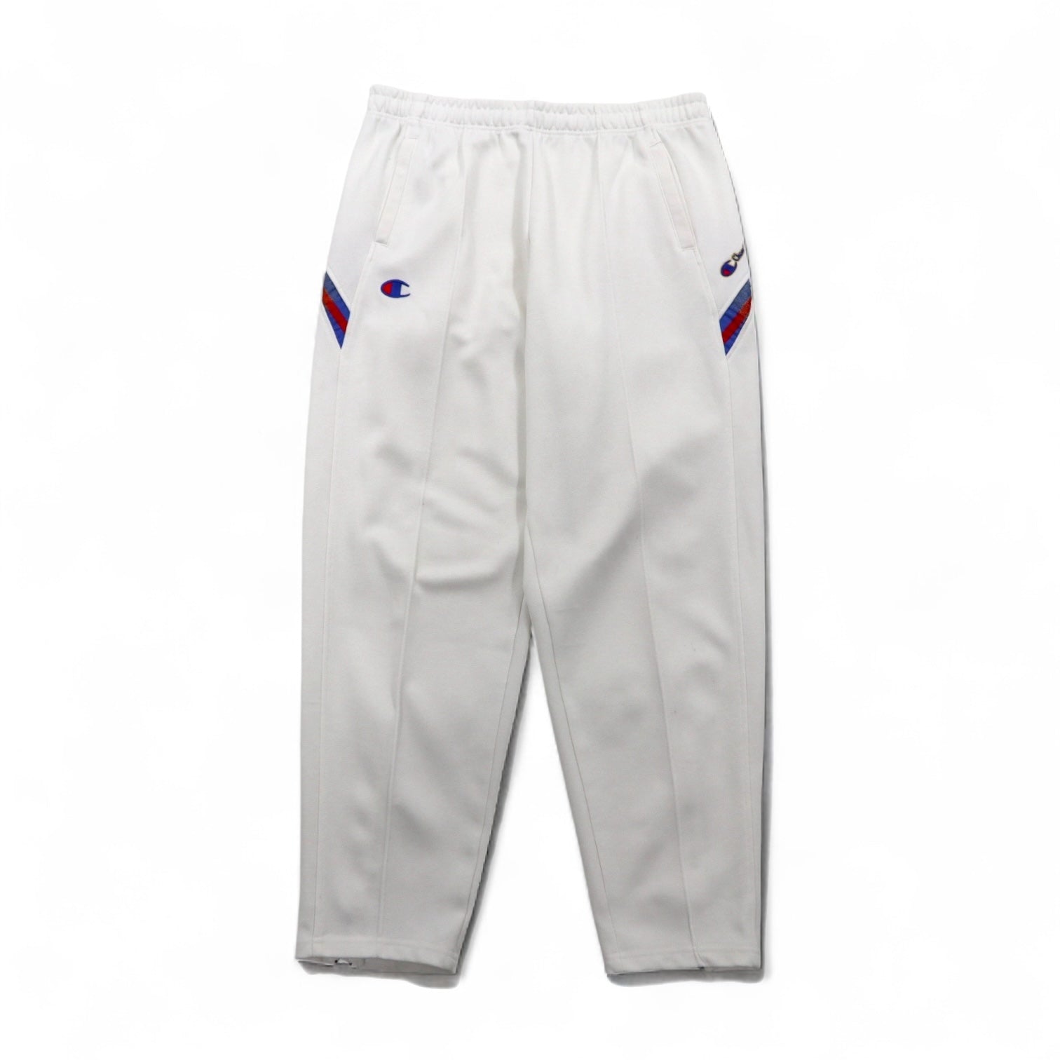 Champion anni '90, pantaloni sportivi, tuta, XL, bianchi, poliestere, cerniera alle caviglie, spacchi, made in Japan