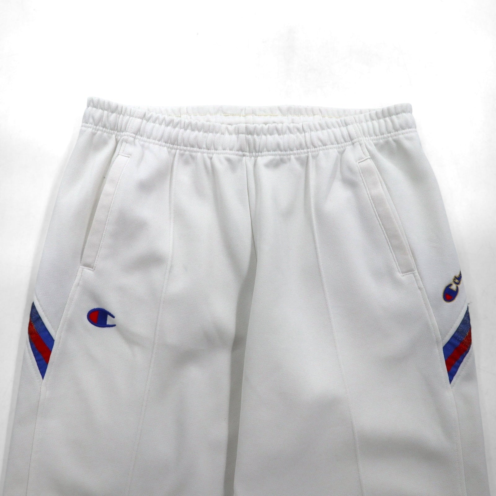 Champion anni '90, pantaloni sportivi, tuta, XL, bianchi, poliestere, cerniera alle caviglie, spacchi, made in Japan