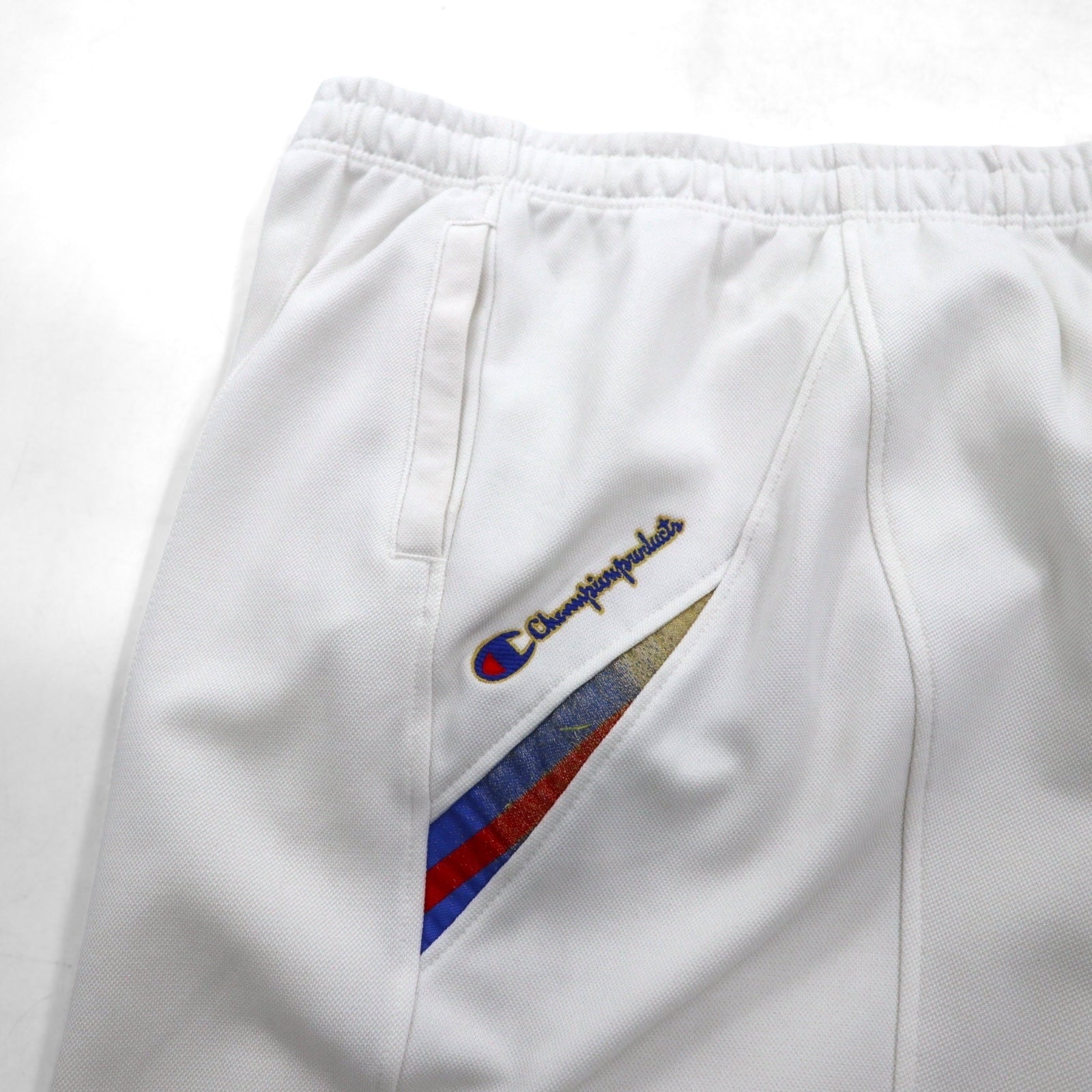 Champion anni '90, pantaloni sportivi, tuta, XL, bianchi, poliestere, cerniera alle caviglie, spacchi, made in Japan