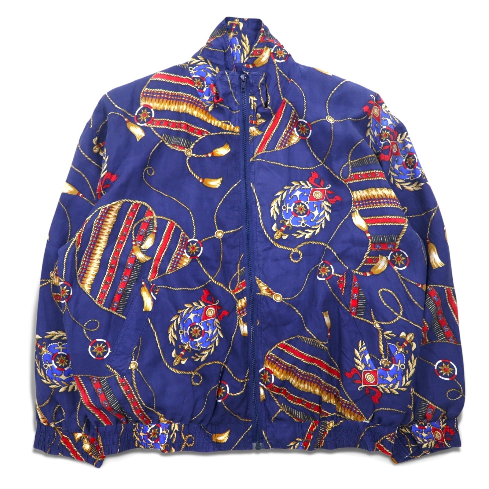 BOGARI STUDIO, anni '90, bomber in seta fantasia, taglia M, blu navy