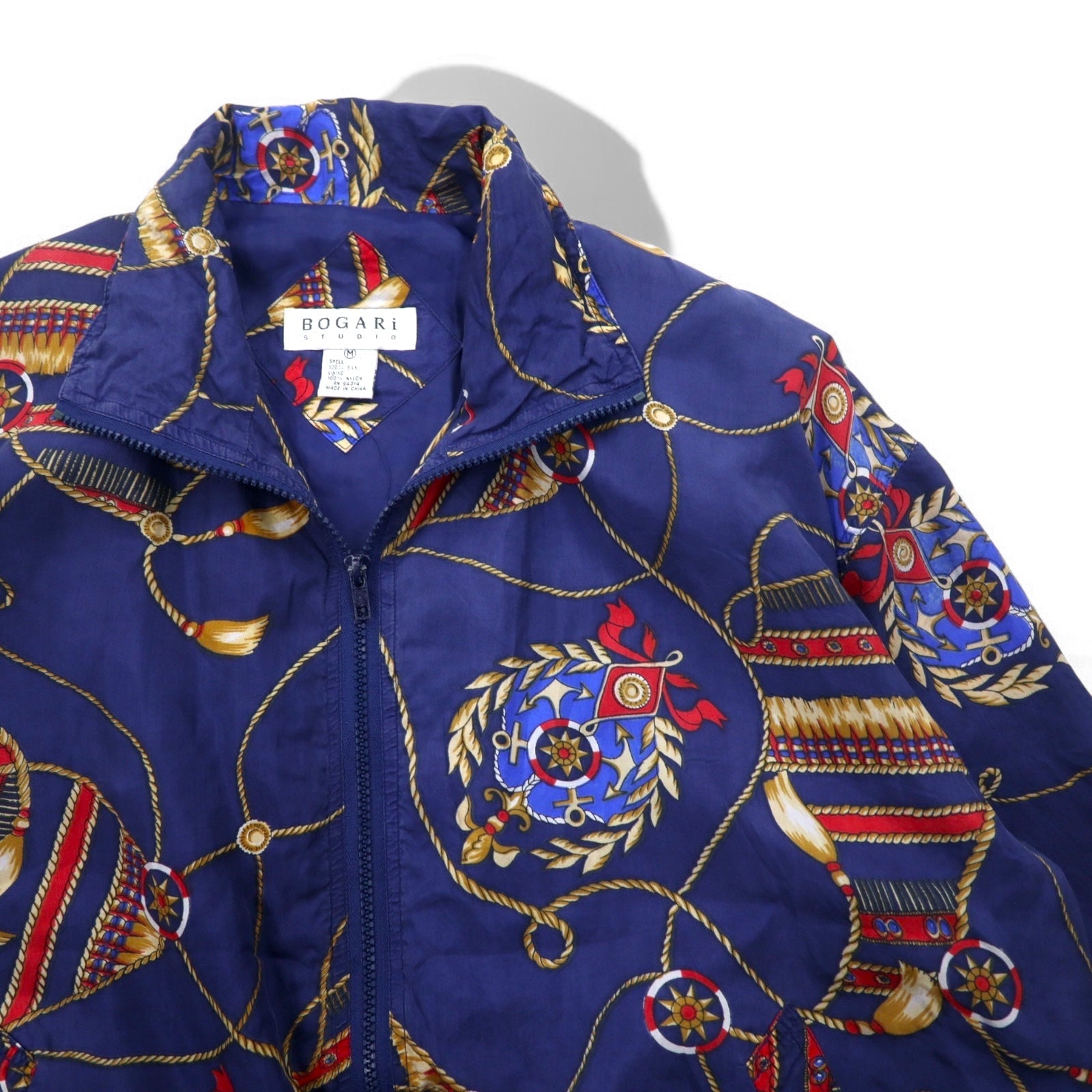 BOGARI STUDIO, anni '90, bomber in seta fantasia, taglia M, blu navy