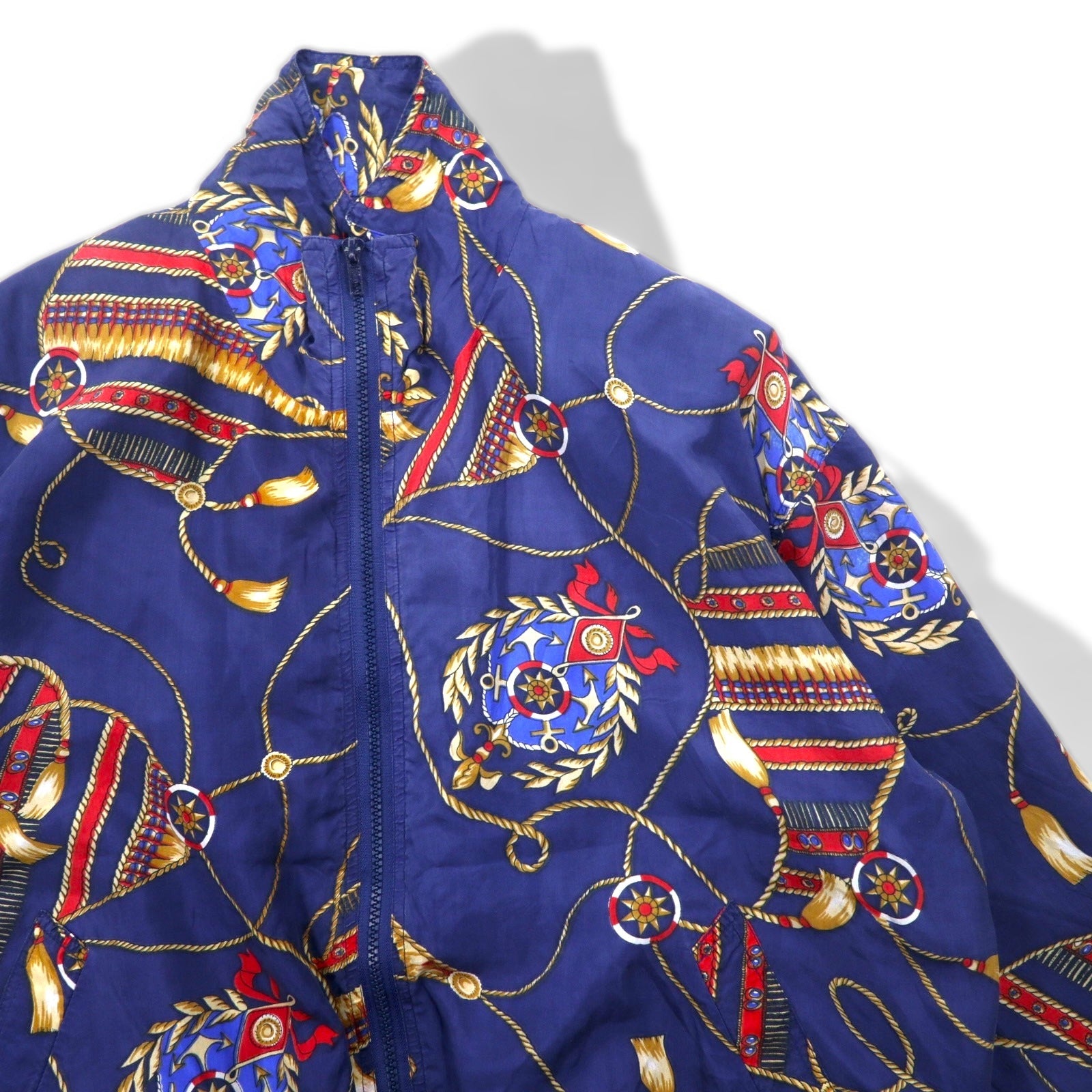 BOGARI STUDIO, anni '90, bomber in seta fantasia, taglia M, blu navy
