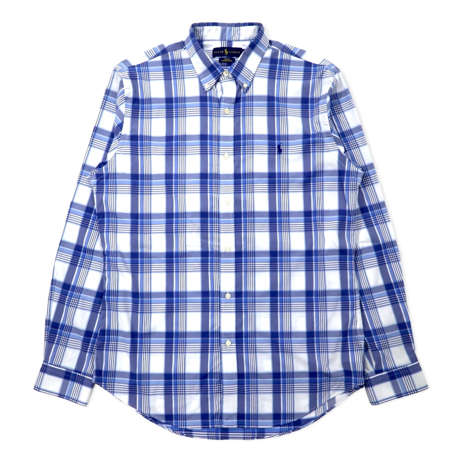 RALPH LAUREN Camicia Performance button-down slim fit, taglia L, a quadri blu, in nylon stretch, con ricamo Small Pony