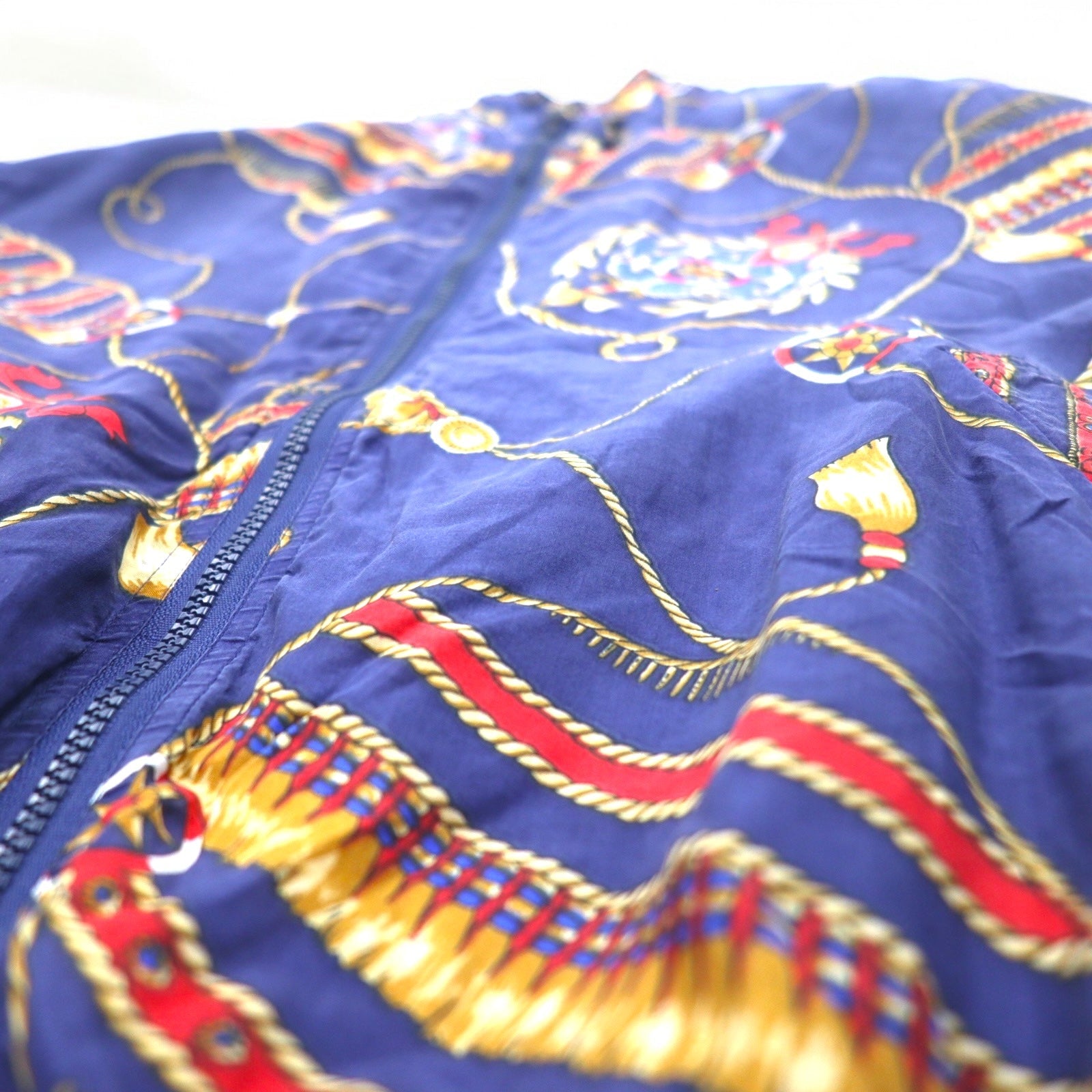 BOGARI STUDIO, anni '90, bomber in seta fantasia, taglia M, blu navy