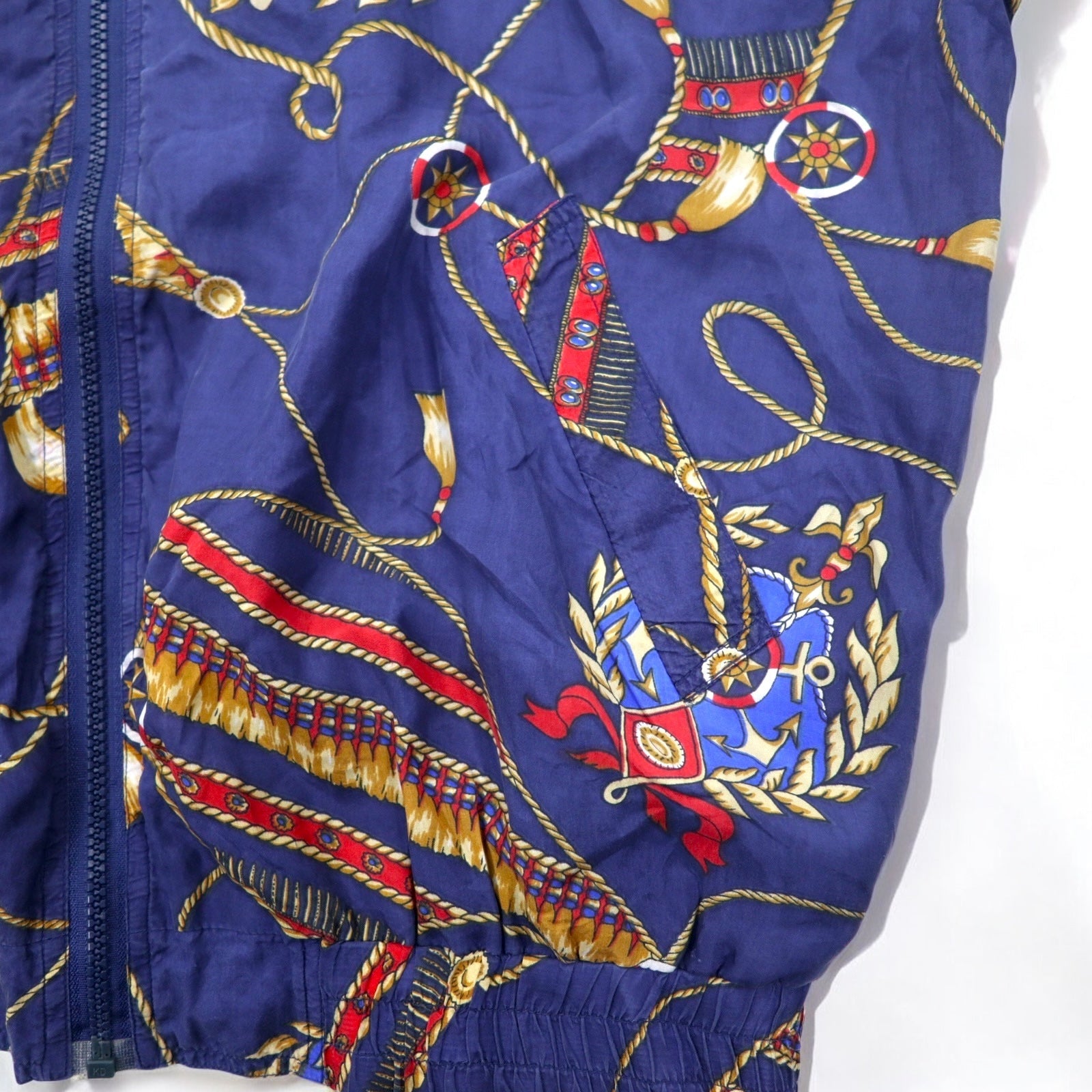 BOGARI STUDIO, anni '90, bomber in seta fantasia, taglia M, blu navy