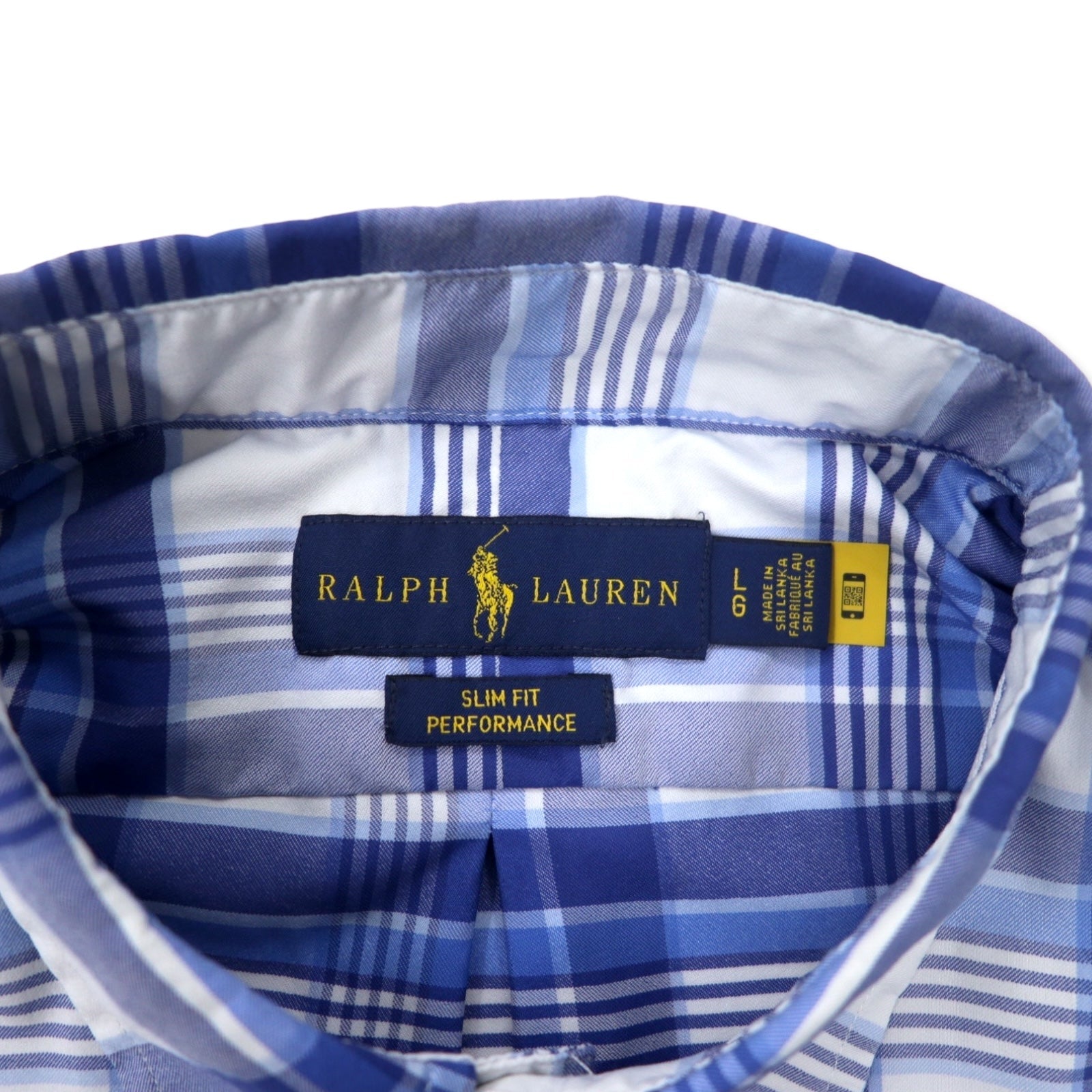 RALPH LAUREN Camicia Performance button-down slim fit, taglia L, a quadri blu, in nylon stretch, con ricamo Small Pony