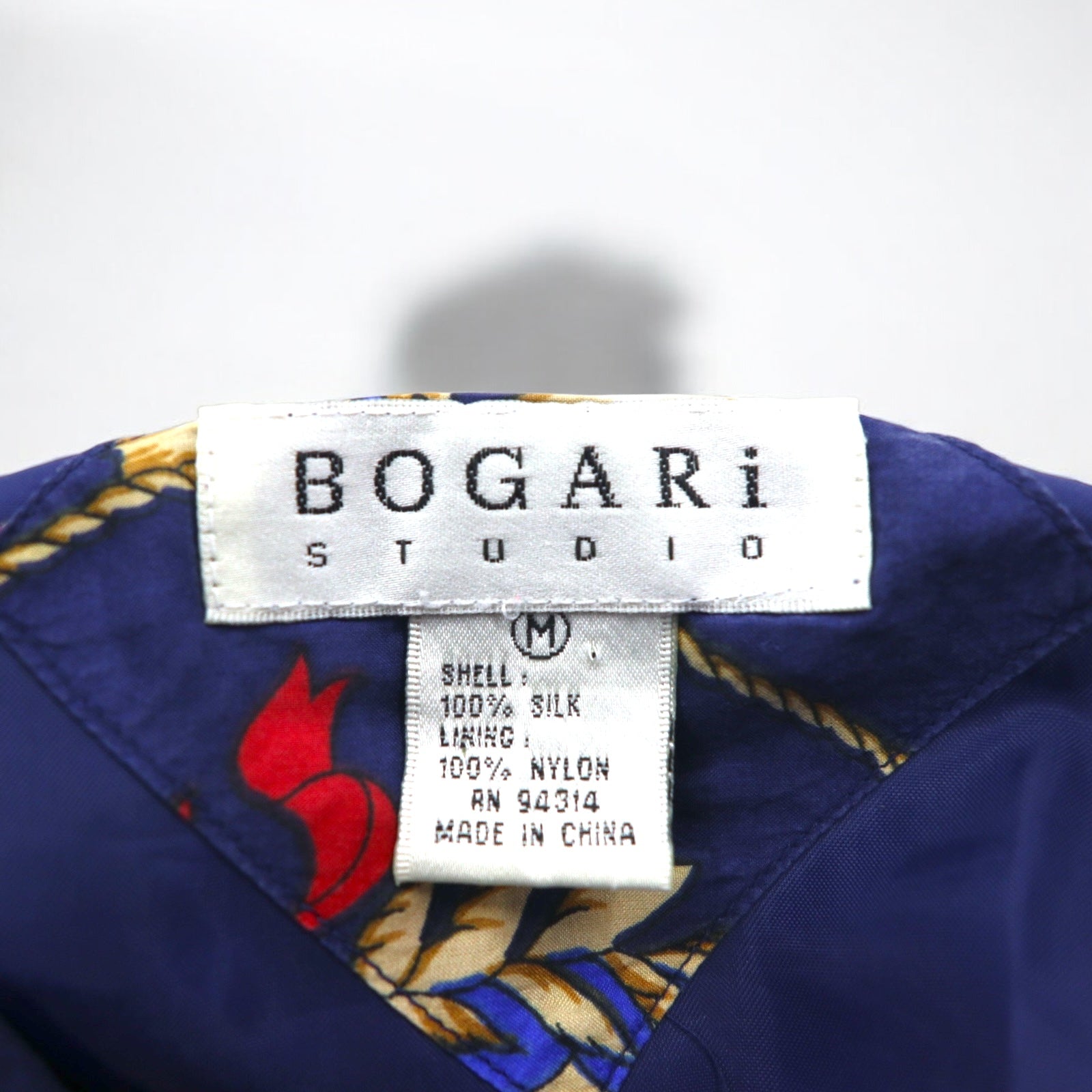 BOGARI STUDIO, anni '90, bomber in seta fantasia, taglia M, blu navy