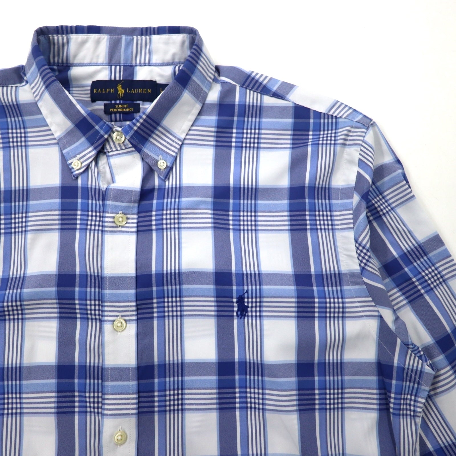 RALPH LAUREN Camicia Performance button-down slim fit, taglia L, a quadri blu, in nylon stretch, con ricamo Small Pony