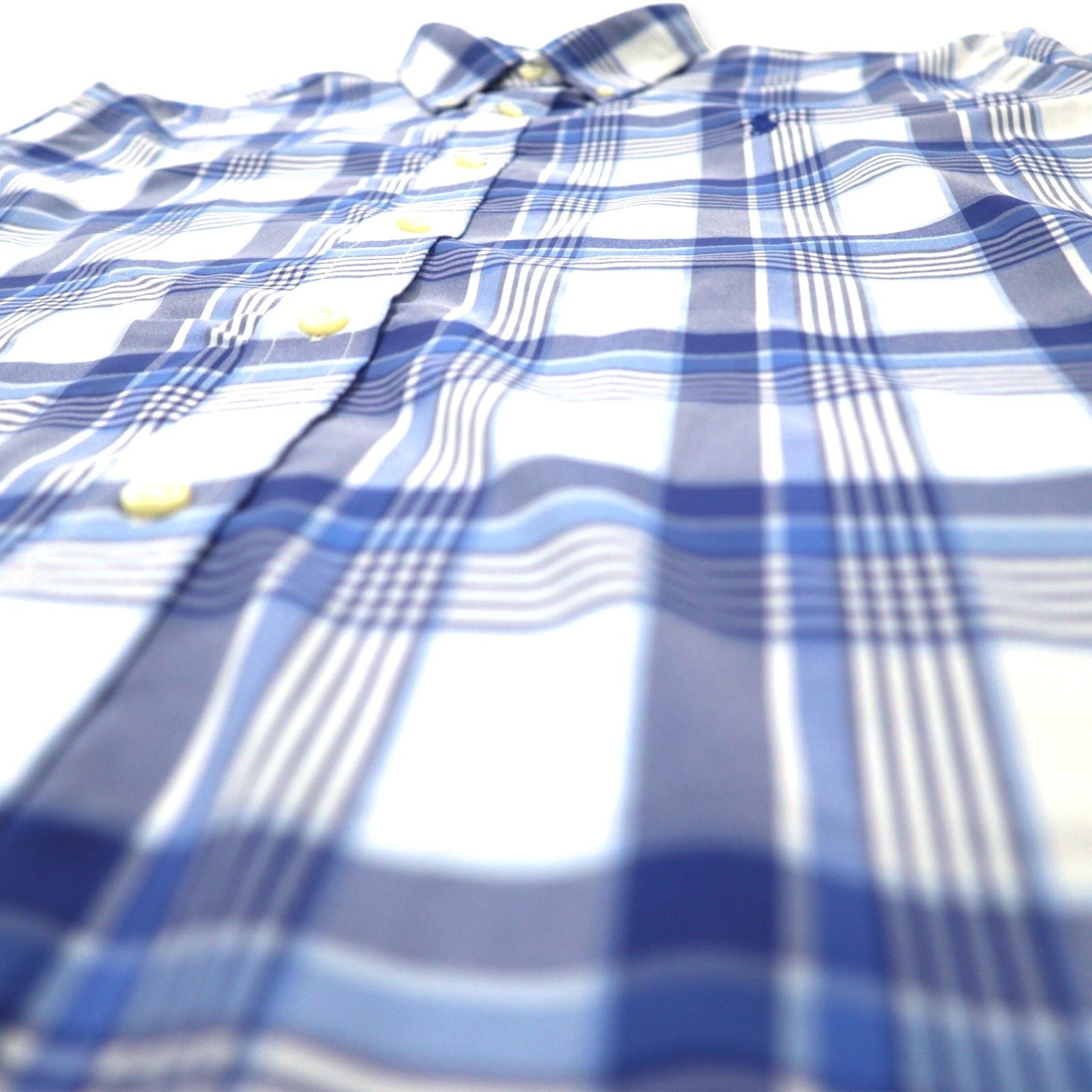 RALPH LAUREN Camicia Performance button-down slim fit, taglia L, a quadri blu, in nylon stretch, con ricamo Small Pony