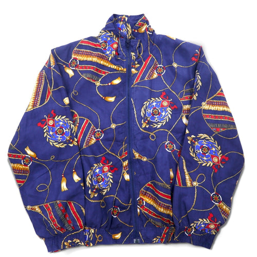 BOGARI STUDIO, anni '90, bomber in seta fantasia, taglia M, blu navy