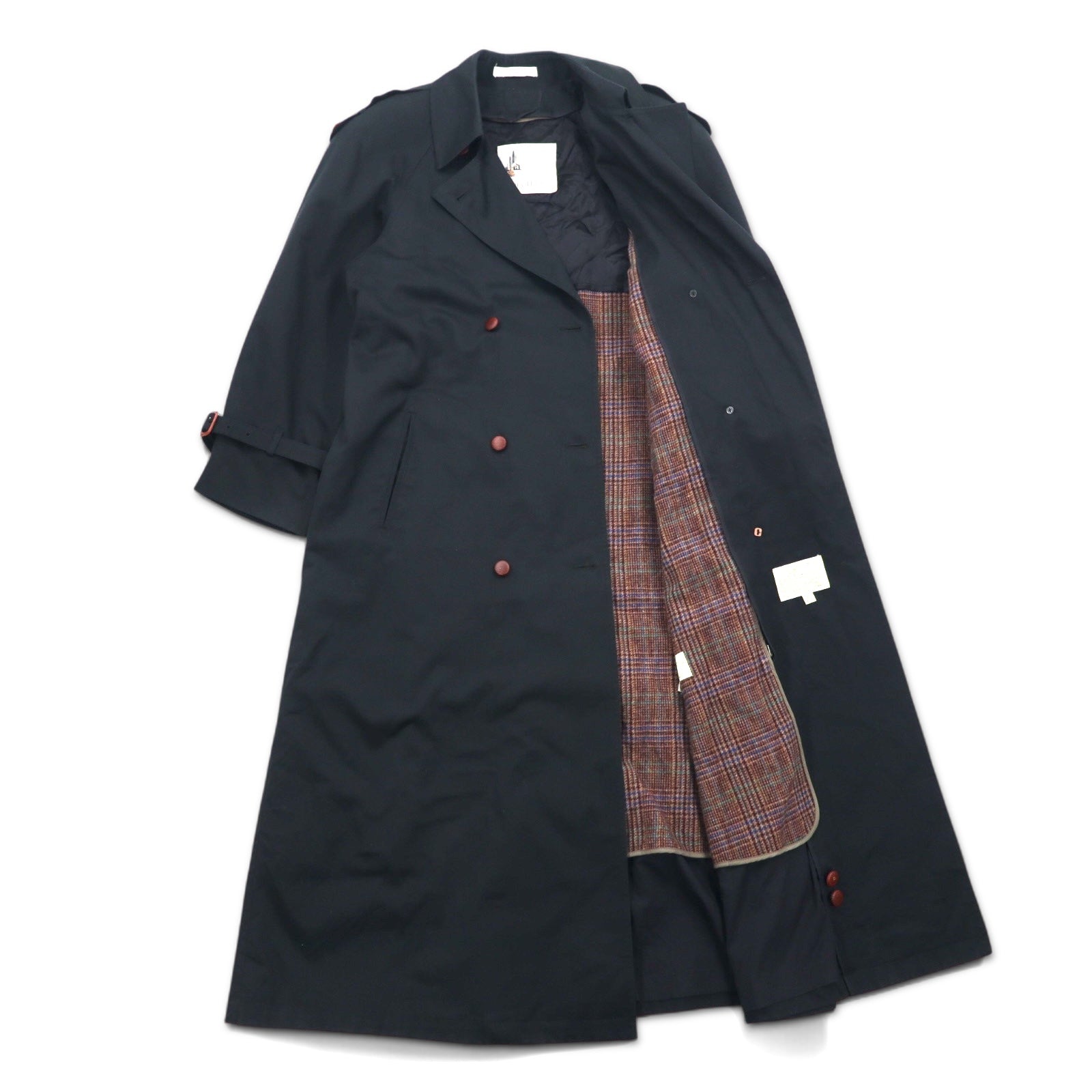 90s Vintage Trench Double-Breasted Coat Misty Harbor Trench M Black Cotton with Detachable Check Liner and Belt