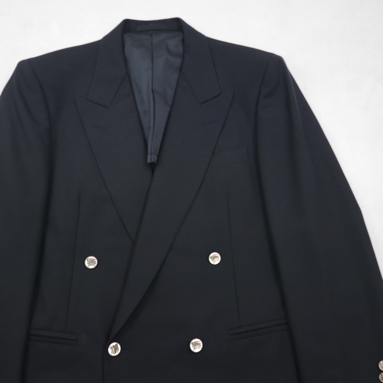 BURBERRY 日本製 ピークドラペル ダブル ブレザー セットアップ スーツ M メタルボタン 羊毛 ギャバジン