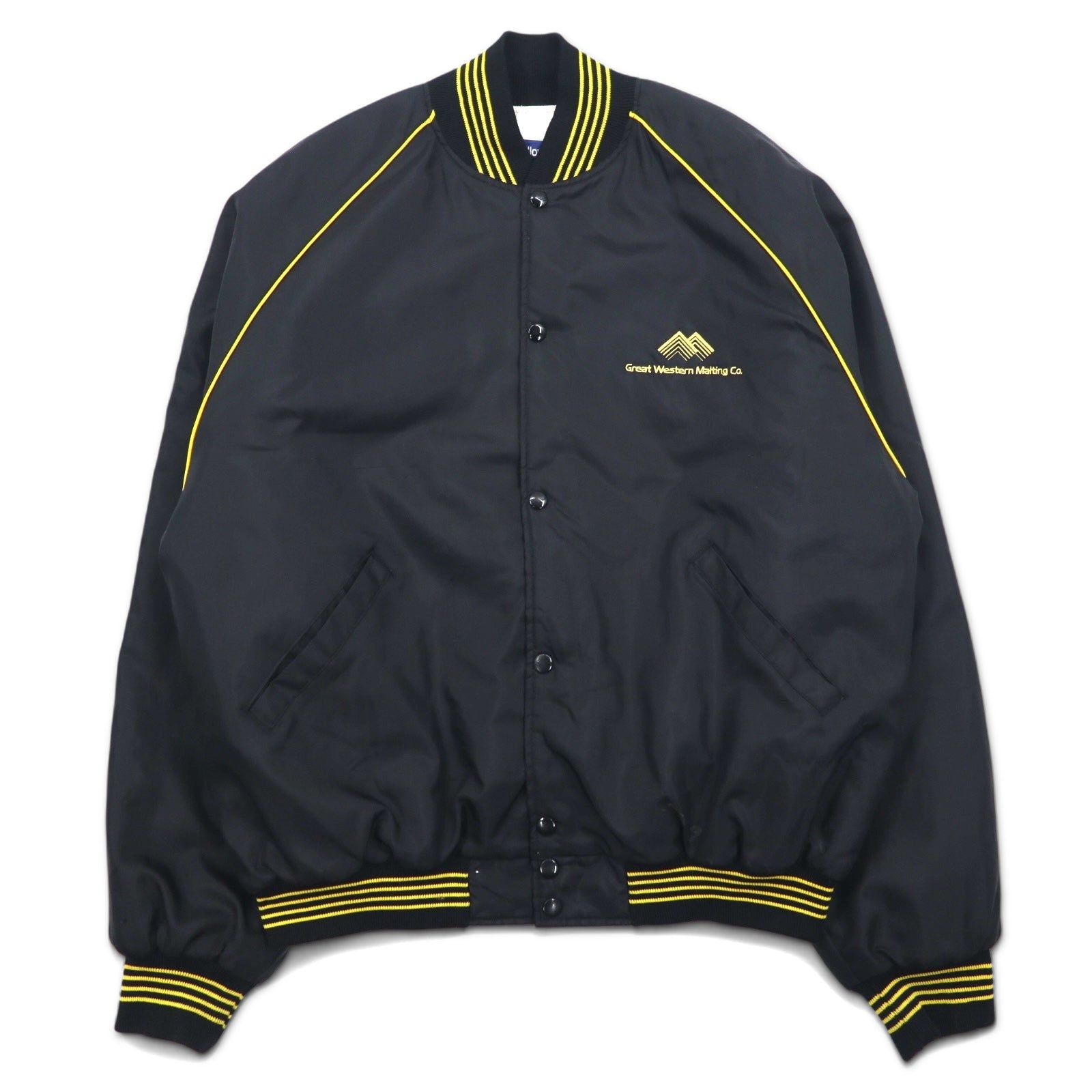 Holloway giacca varsity anni '90 made in USA, taglia XL, nera, in nylon, bottoni automatici, ricamo azienda USA Great Western Malting Co.