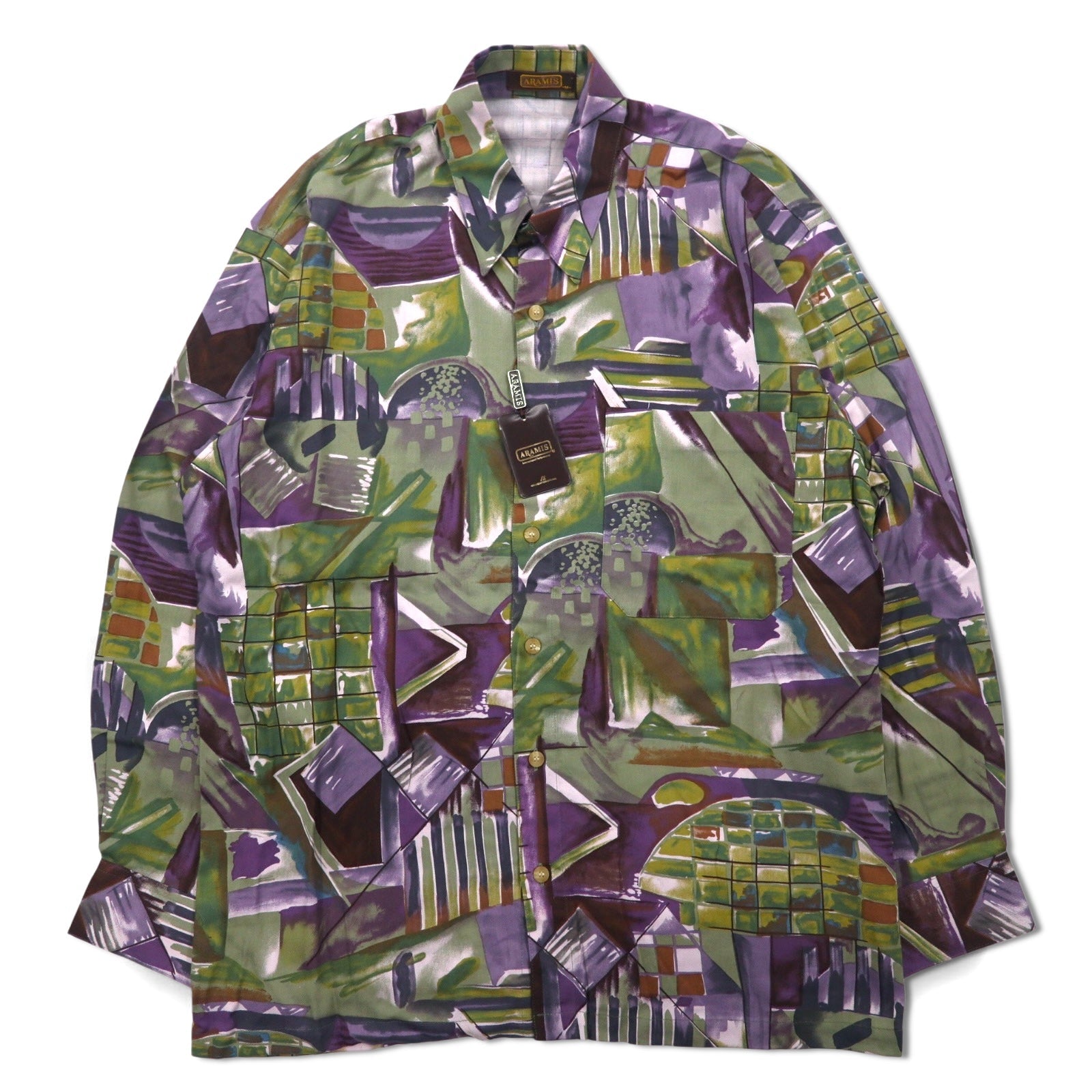 Camicia vintage prodotta in Giappone ARAMIS, motivo all-over, camicia in poliestere, taglia M, multicolore, arte, polinose, mai usata