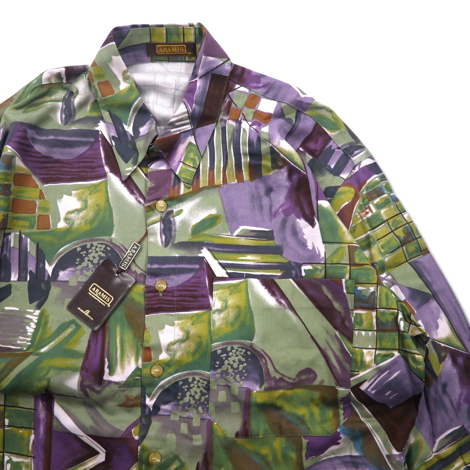 Camicia vintage prodotta in Giappone ARAMIS, motivo all-over, camicia in poliestere, taglia M, multicolore, arte, polinose, mai usata