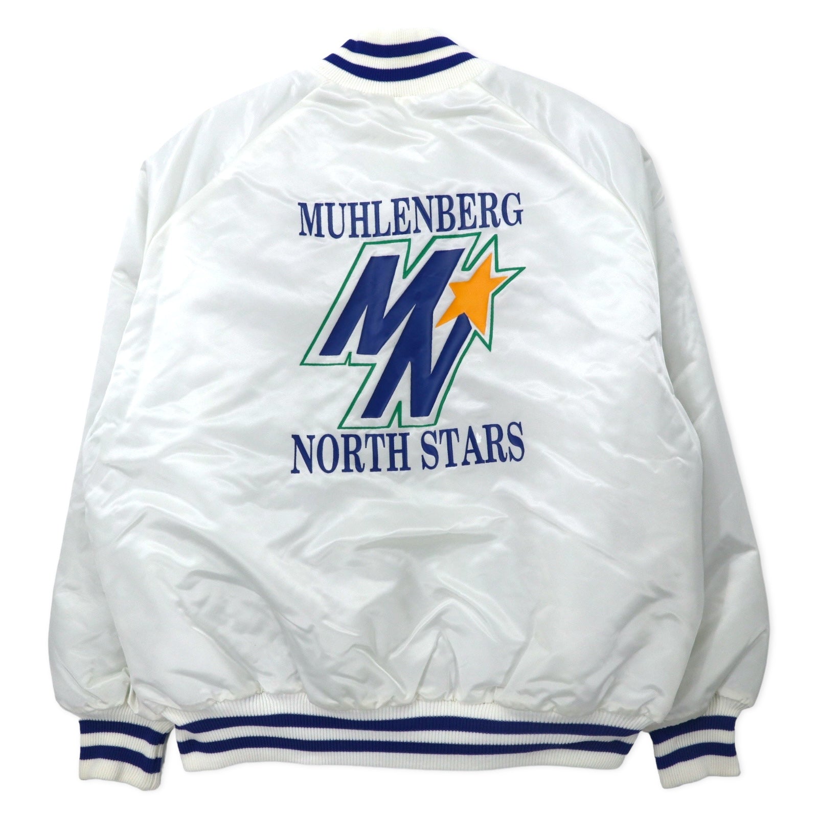 DeLONG USA anni '90 Giacca College Taglia XL, Colore Bianco, Nylon, Fodera Trapuntata, Stampa Posteriore MUHLENBERG NORTH STARS