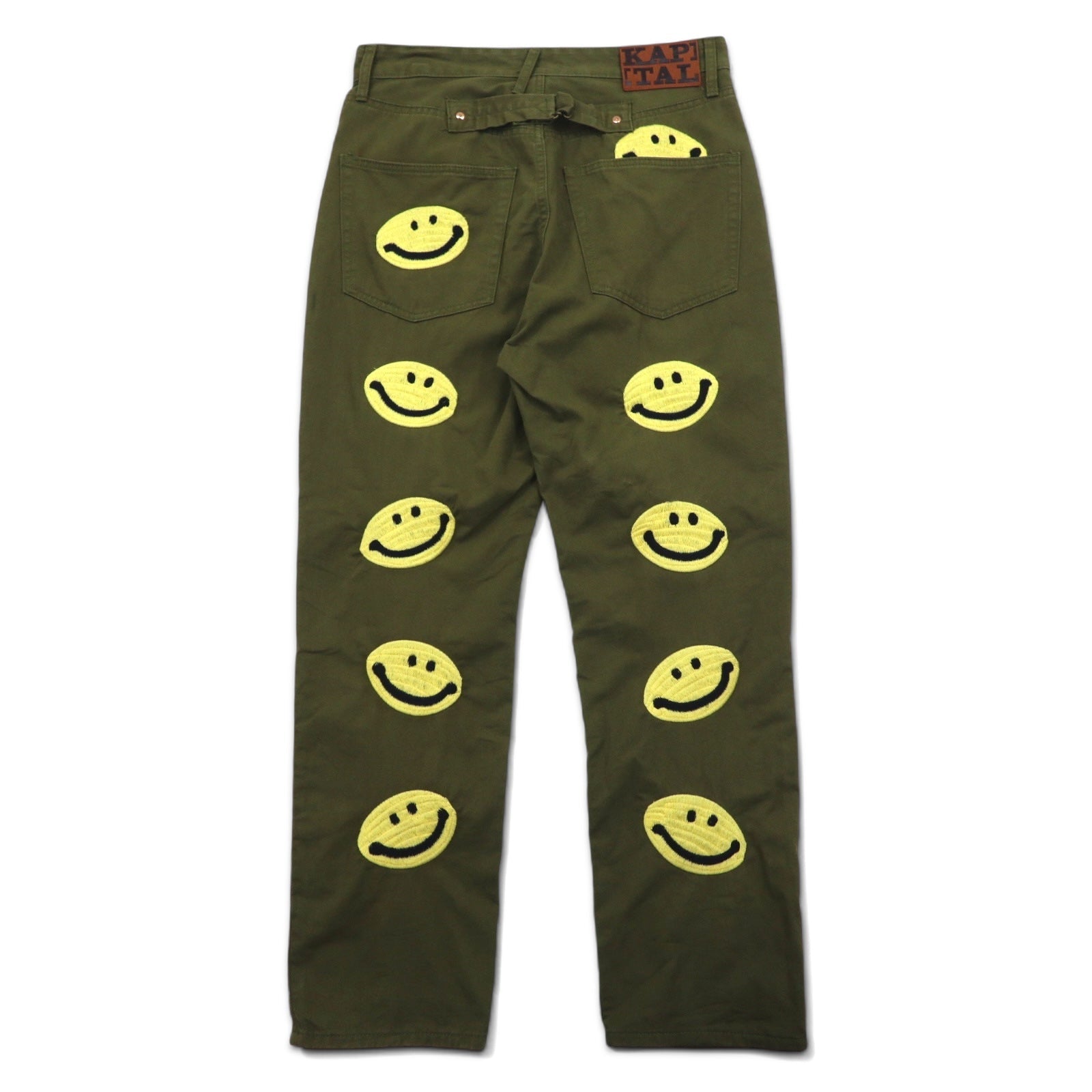 KAPITAL KOUNTRY Pantaloni ricamati con faccina sorridente L Cachi Cotone Made in Japan K1910LP805