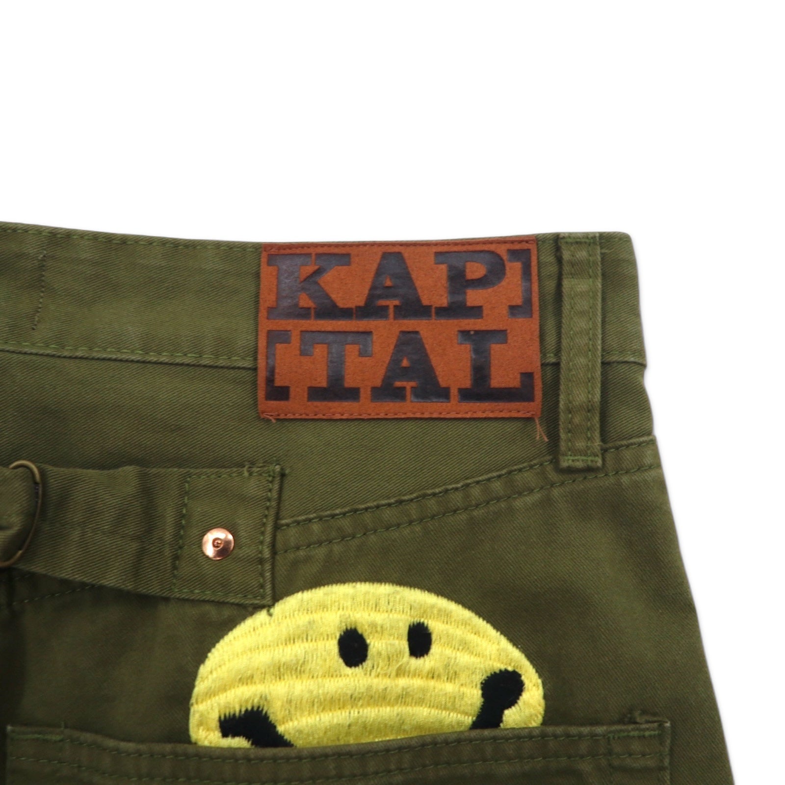 KAPITAL KOUNTRY Pantaloni ricamati con faccina sorridente L Cachi Cotone Made in Japan K1910LP805