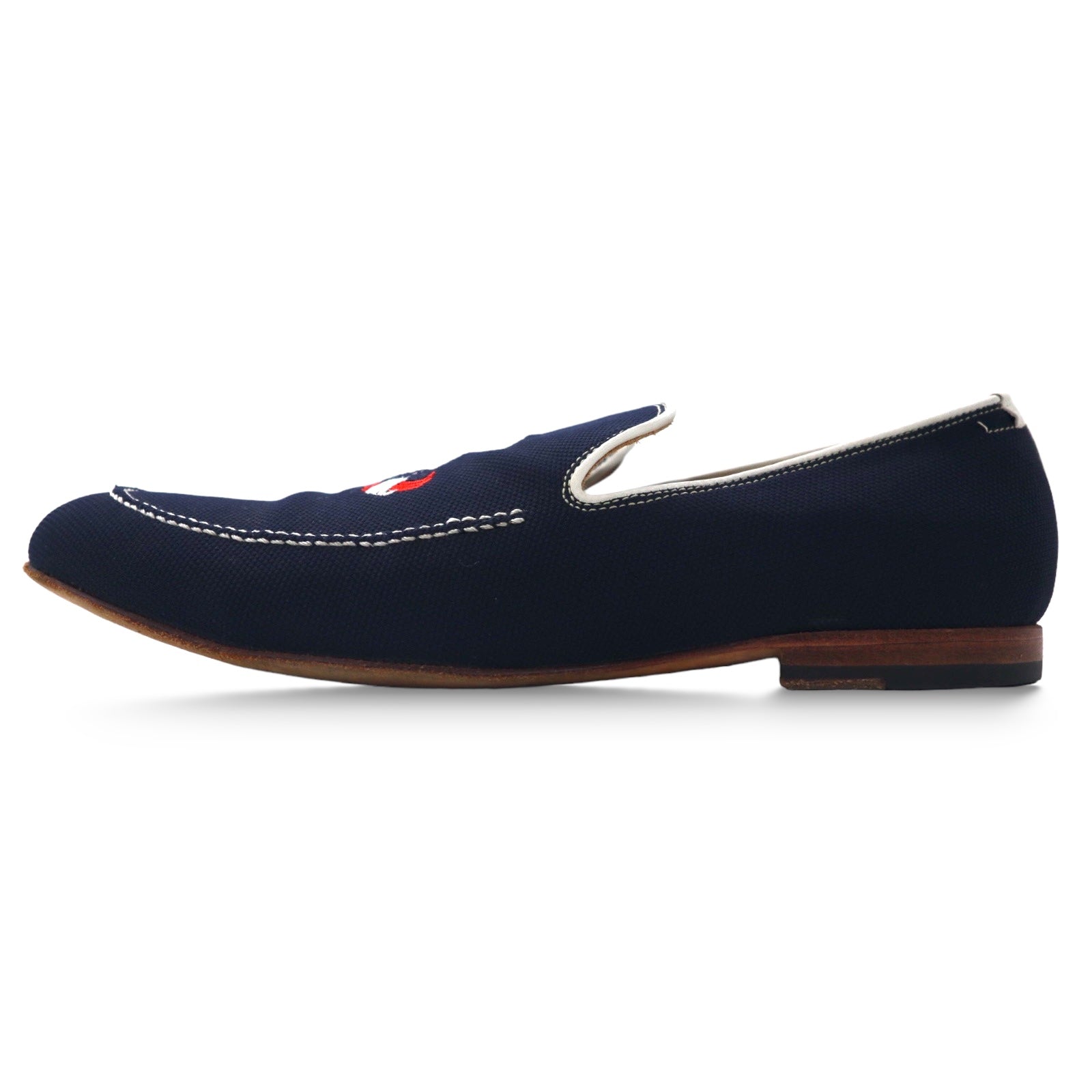 Polpetta - Mocassini slip-on 26,5 cm, tela blu navy, ricamo nappe TROMPE
