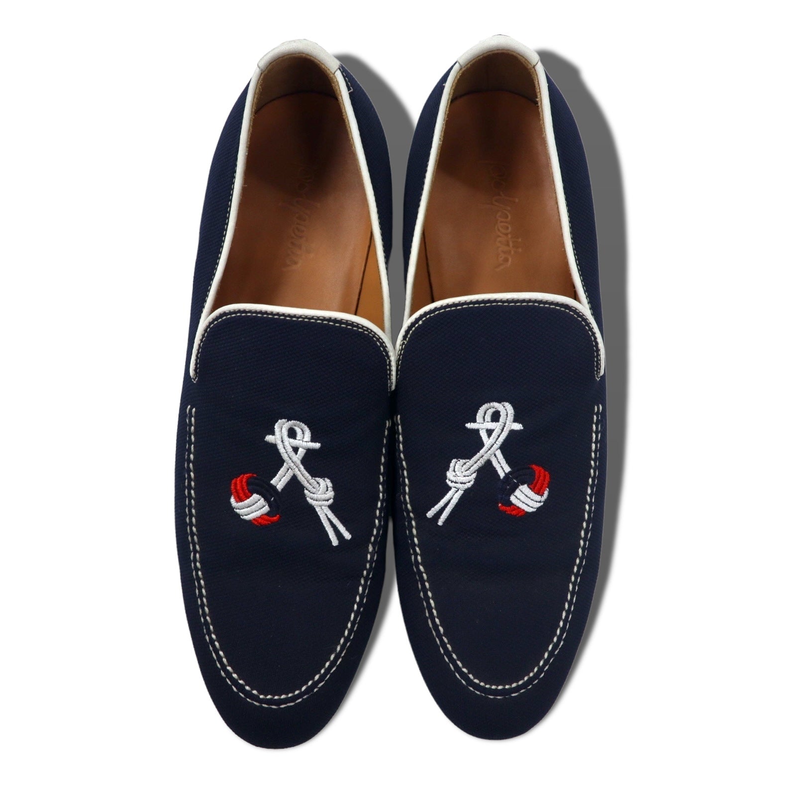 Polpetta - Mocassini slip-on 26,5 cm, tela blu navy, ricamo nappe TROMPE
