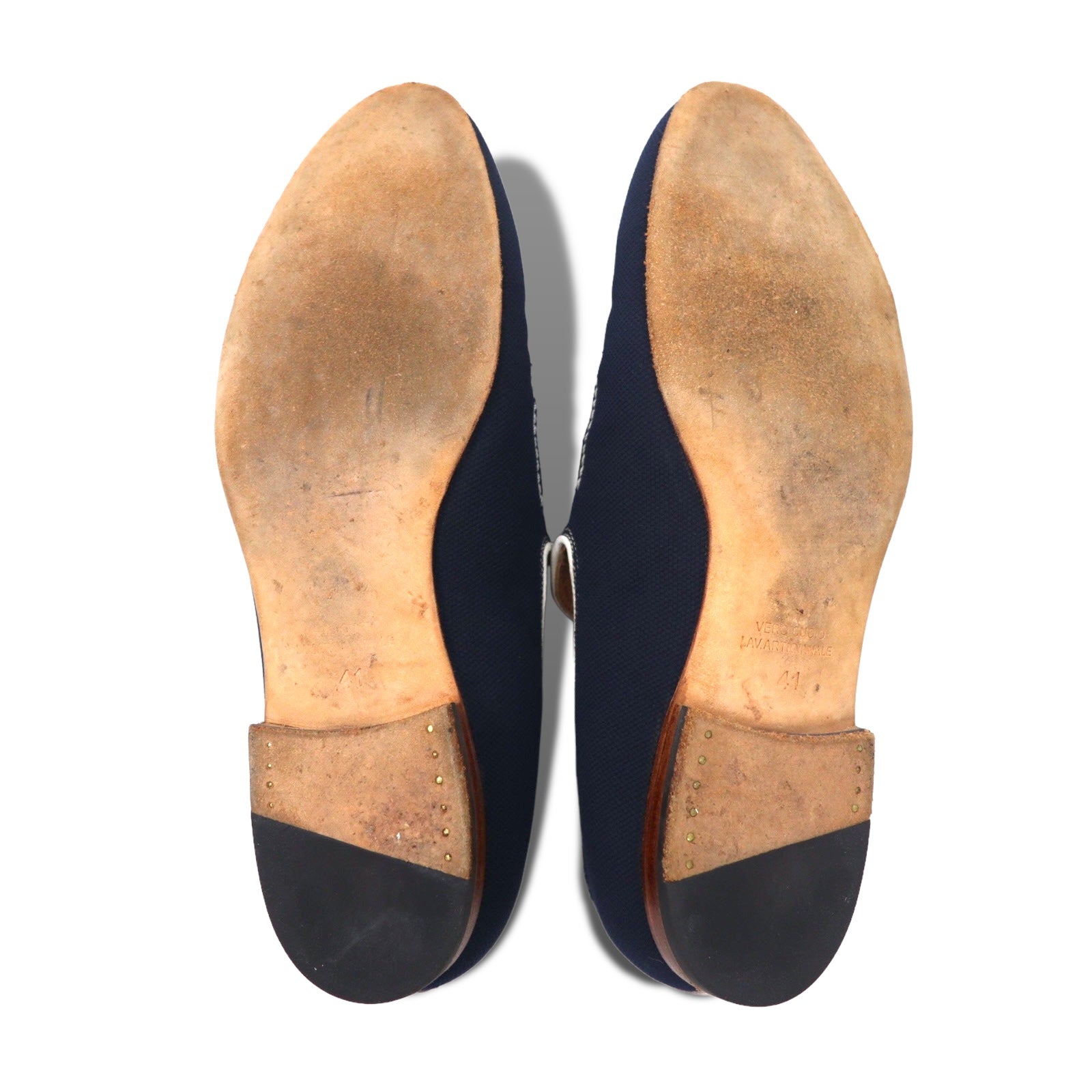 Polpetta - Mocassini slip-on 26,5 cm, tela blu navy, ricamo nappe TROMPE