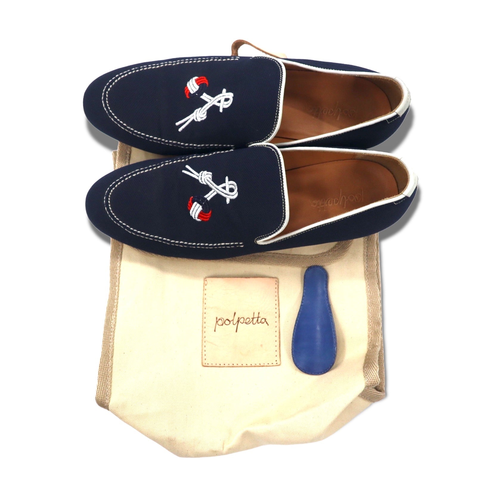 Polpetta - Mocassini slip-on 26,5 cm, tela blu navy, ricamo nappe TROMPE