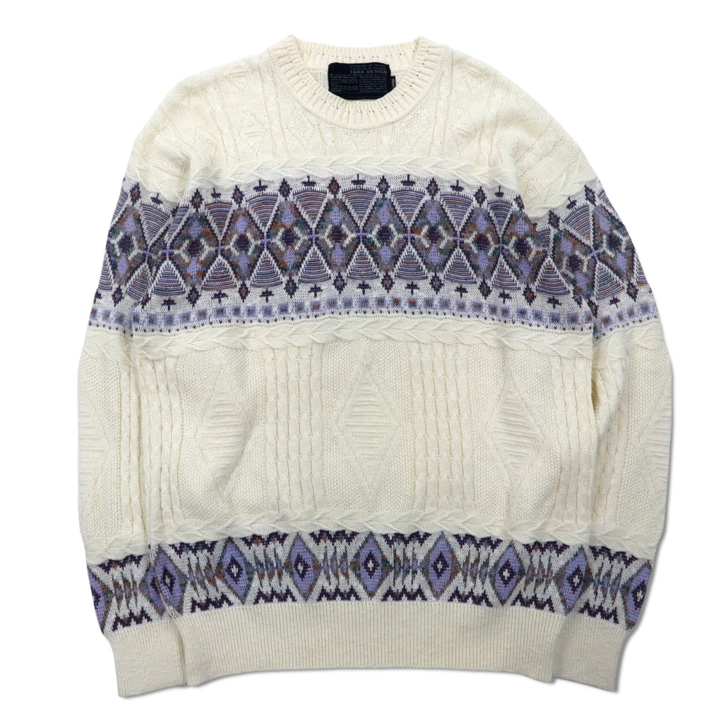 Anni '90 TARA DESIGN Maglione in cotone jacquard L bianco viola fantasia argyle Made in Japan