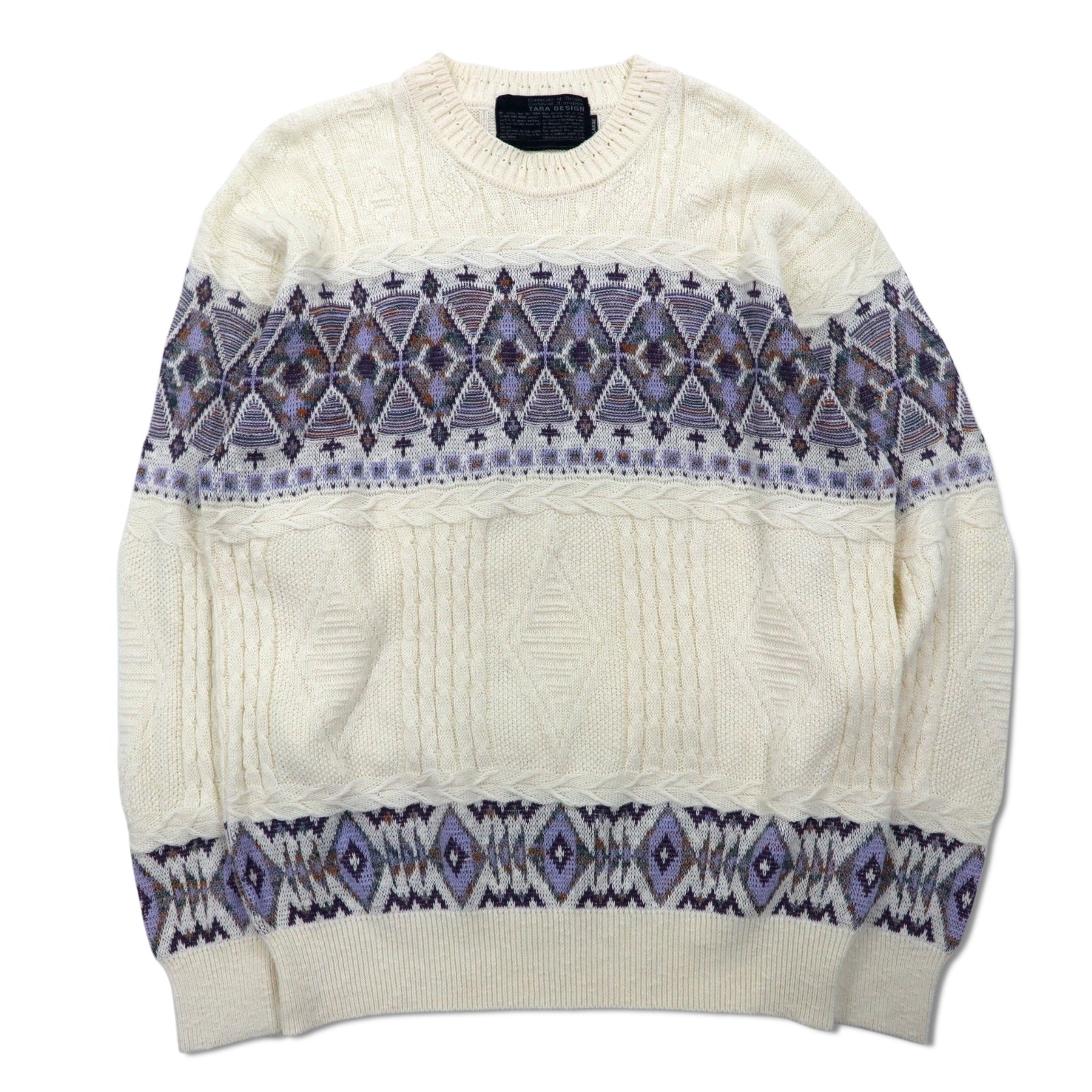 Anni '90 TARA DESIGN Maglione in cotone jacquard L bianco viola fantasia argyle Made in Japan