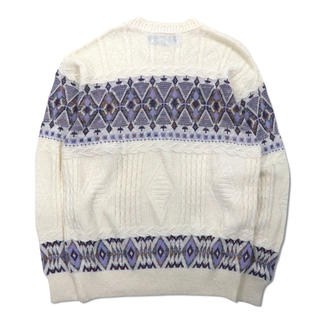 Anni '90 TARA DESIGN Maglione in cotone jacquard L bianco viola fantasia argyle Made in Japan