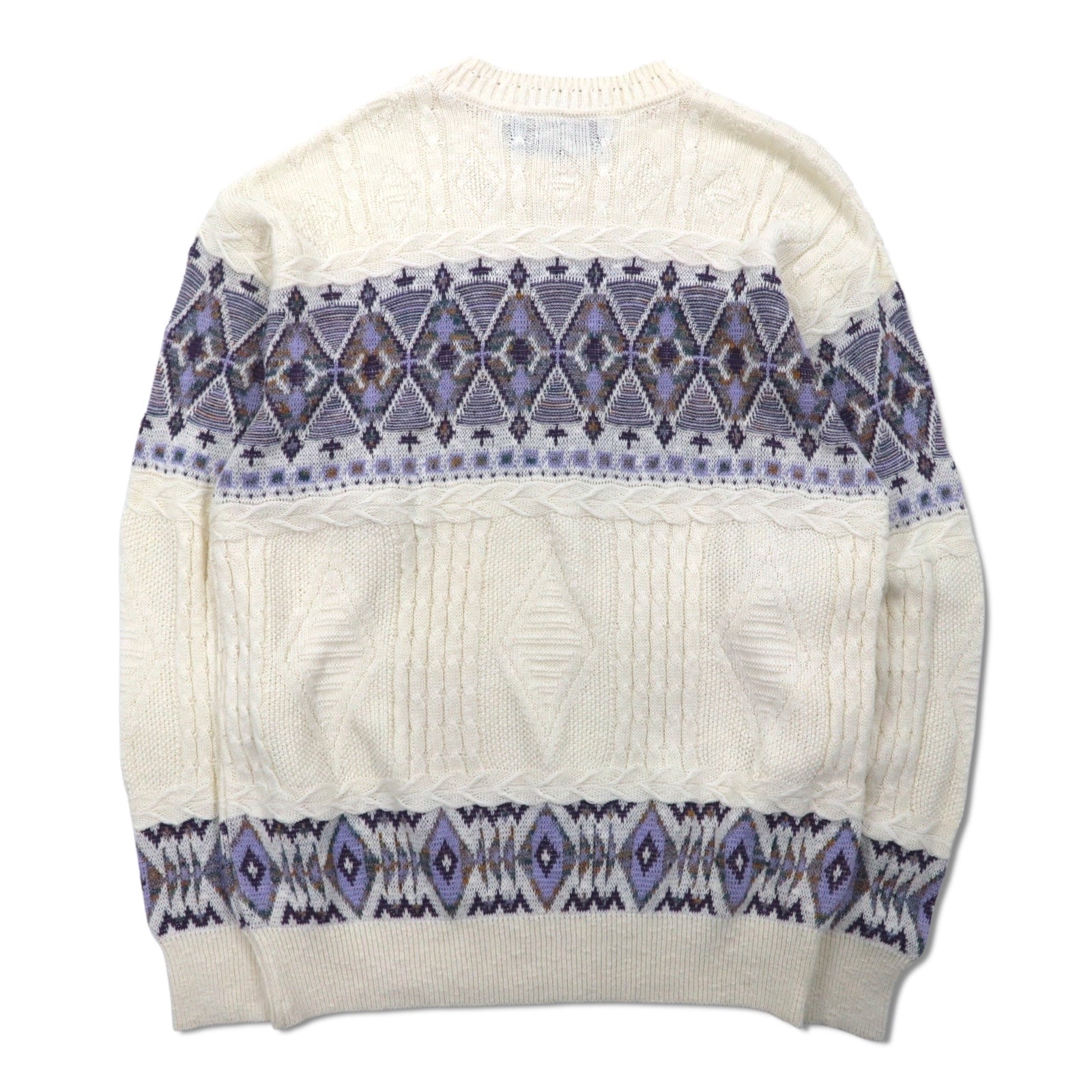 Anni '90 TARA DESIGN Maglione in cotone jacquard L bianco viola fantasia argyle Made in Japan