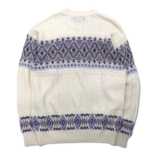 Anni '90 TARA DESIGN Maglione in cotone jacquard L bianco viola fantasia argyle Made in Japan