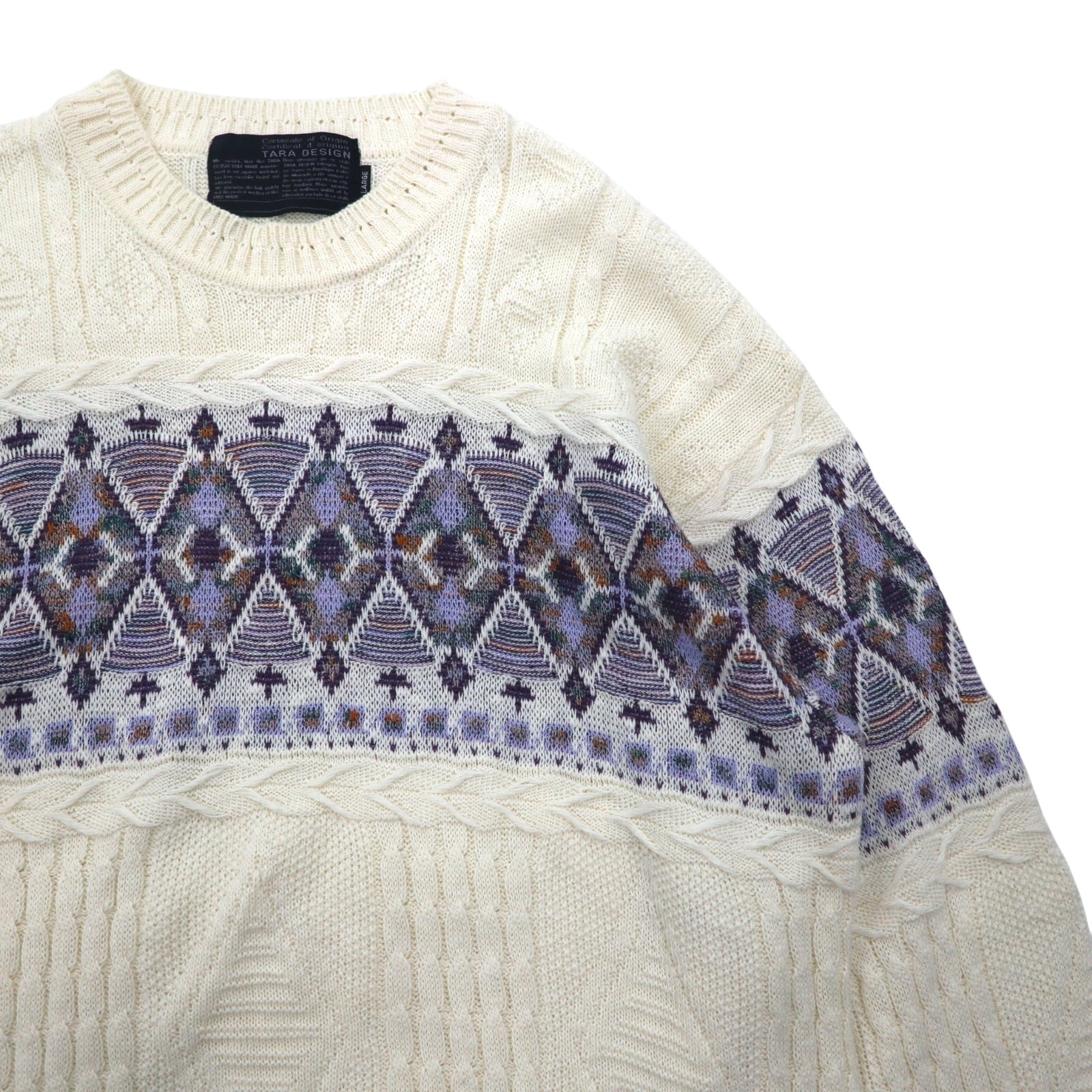 Anni '90 TARA DESIGN Maglione in cotone jacquard L bianco viola fantasia argyle Made in Japan