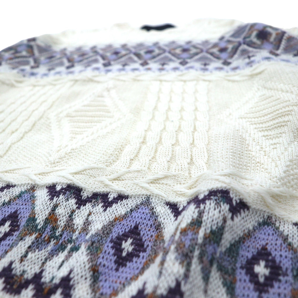 Anni '90 TARA DESIGN Maglione in cotone jacquard L bianco viola fantasia argyle Made in Japan