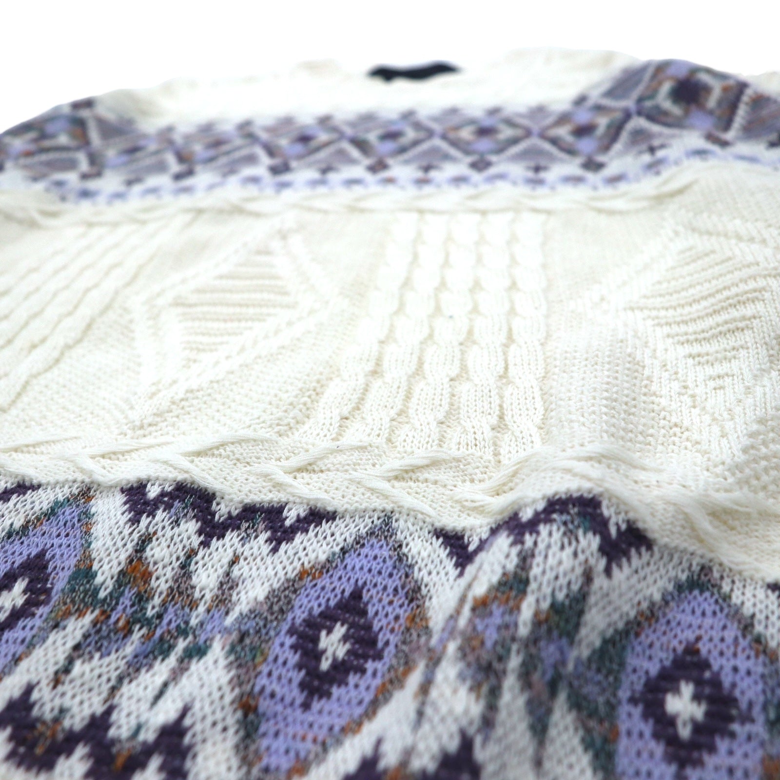 Anni '90 TARA DESIGN Maglione in cotone jacquard L bianco viola fantasia argyle Made in Japan