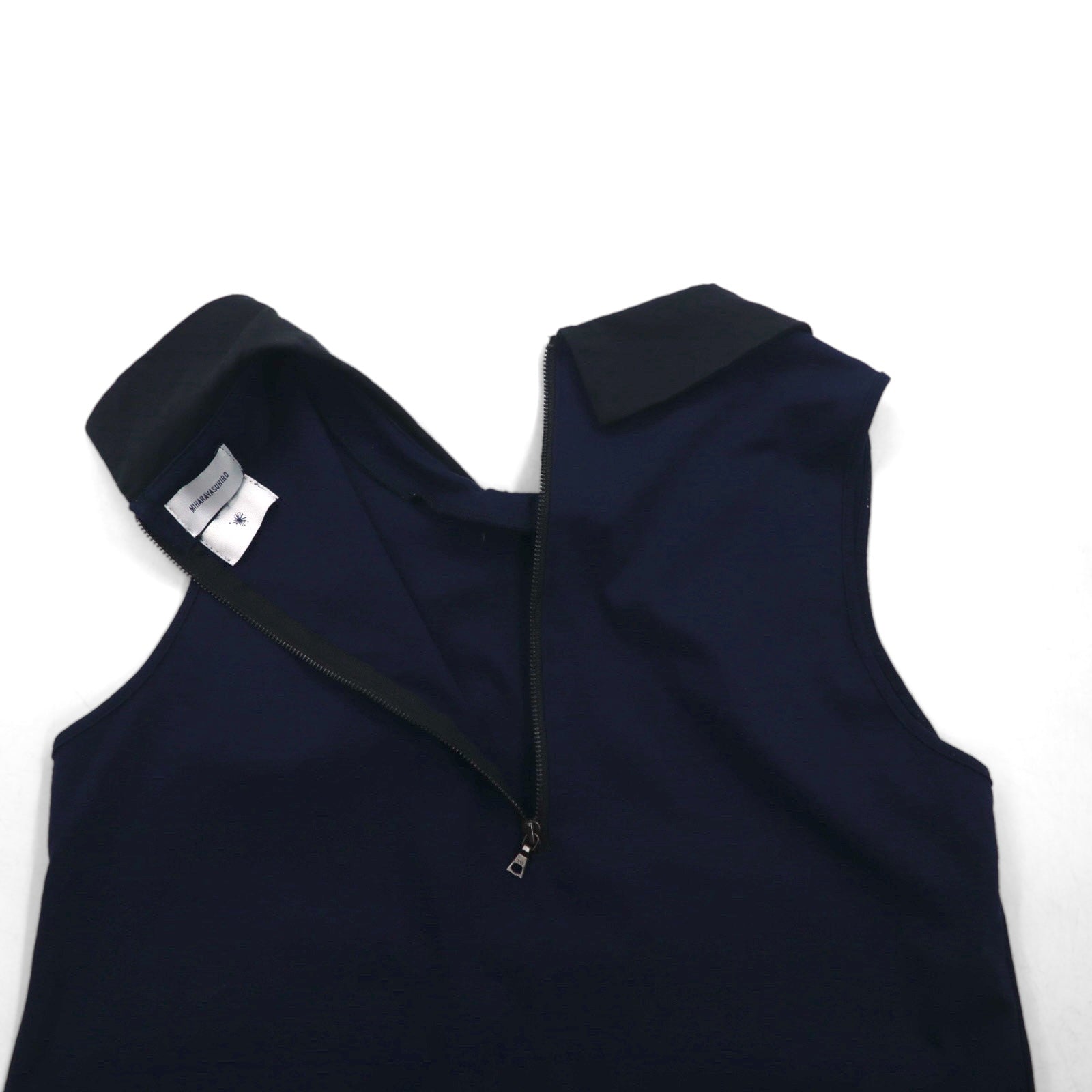 MIHARA YASUHIRO Blusa smanicata con colletto, taglia L, blu navy, cotone, elasticizzata, Made in Japan