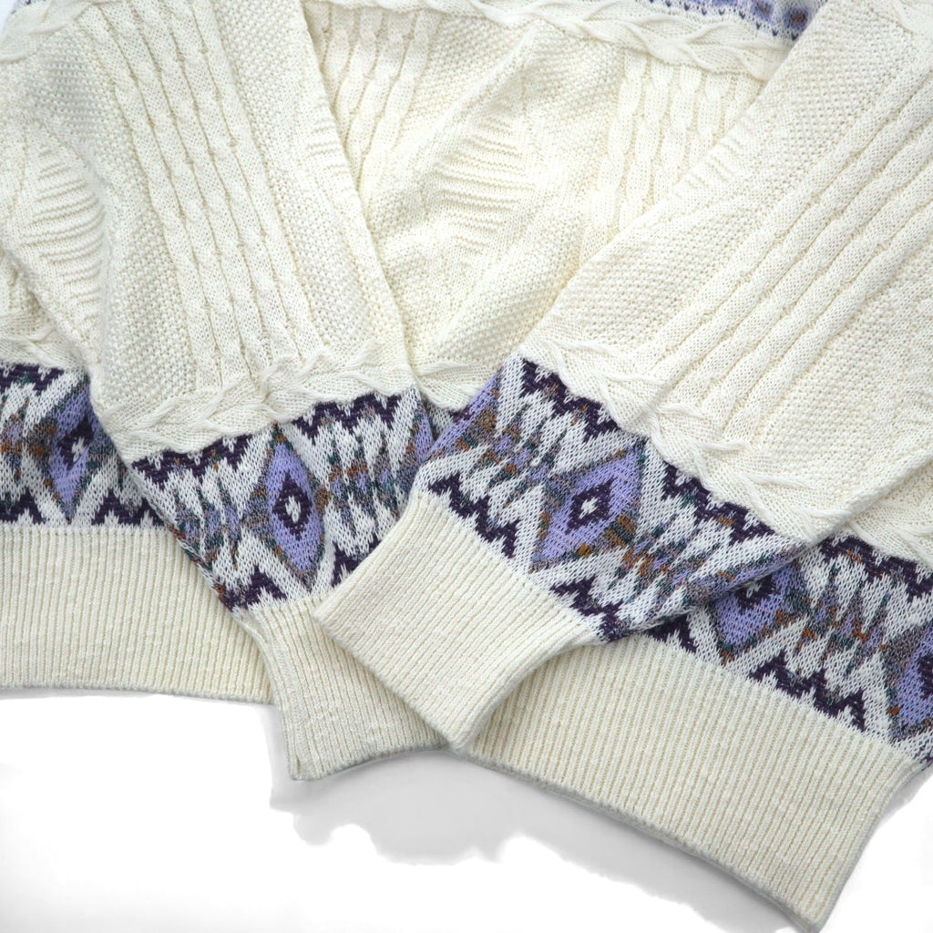 Anni '90 TARA DESIGN Maglione in cotone jacquard L bianco viola fantasia argyle Made in Japan