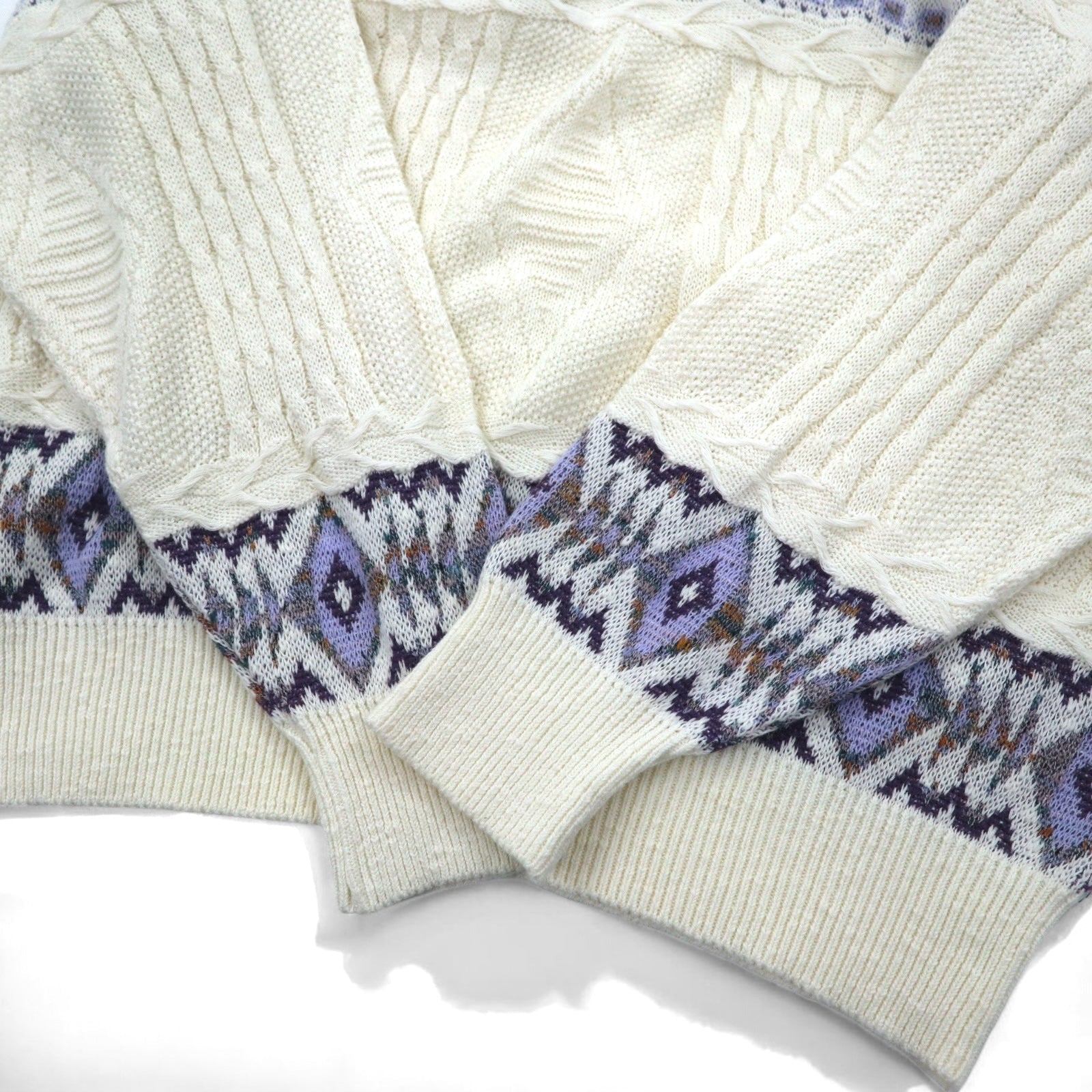 Anni '90 TARA DESIGN Maglione in cotone jacquard L bianco viola fantasia argyle Made in Japan