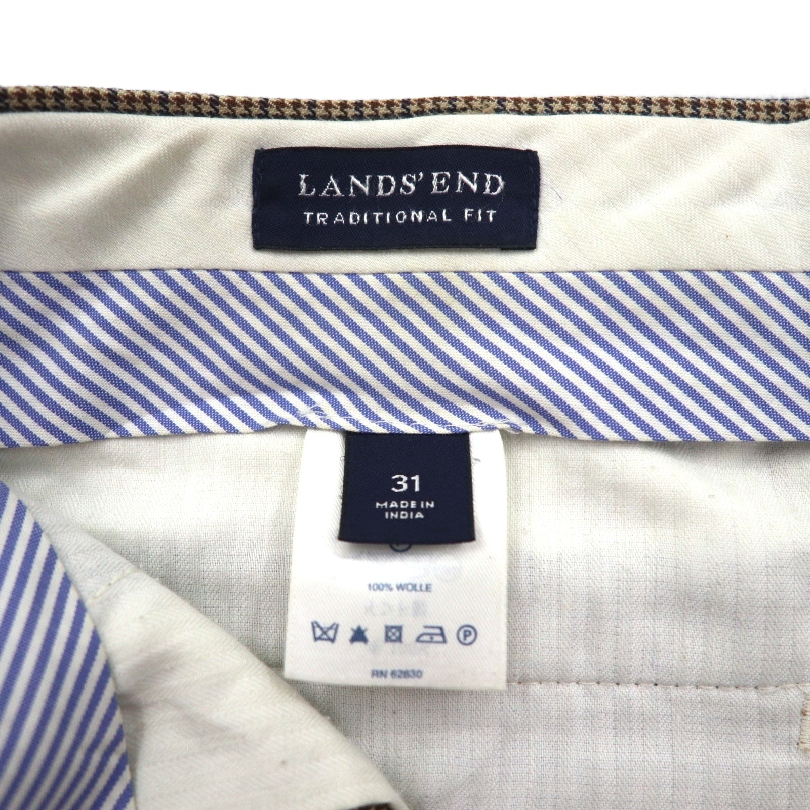 LANDS' END Pantalone largo 2 pieghe M Marrone Principe di Galles Lana