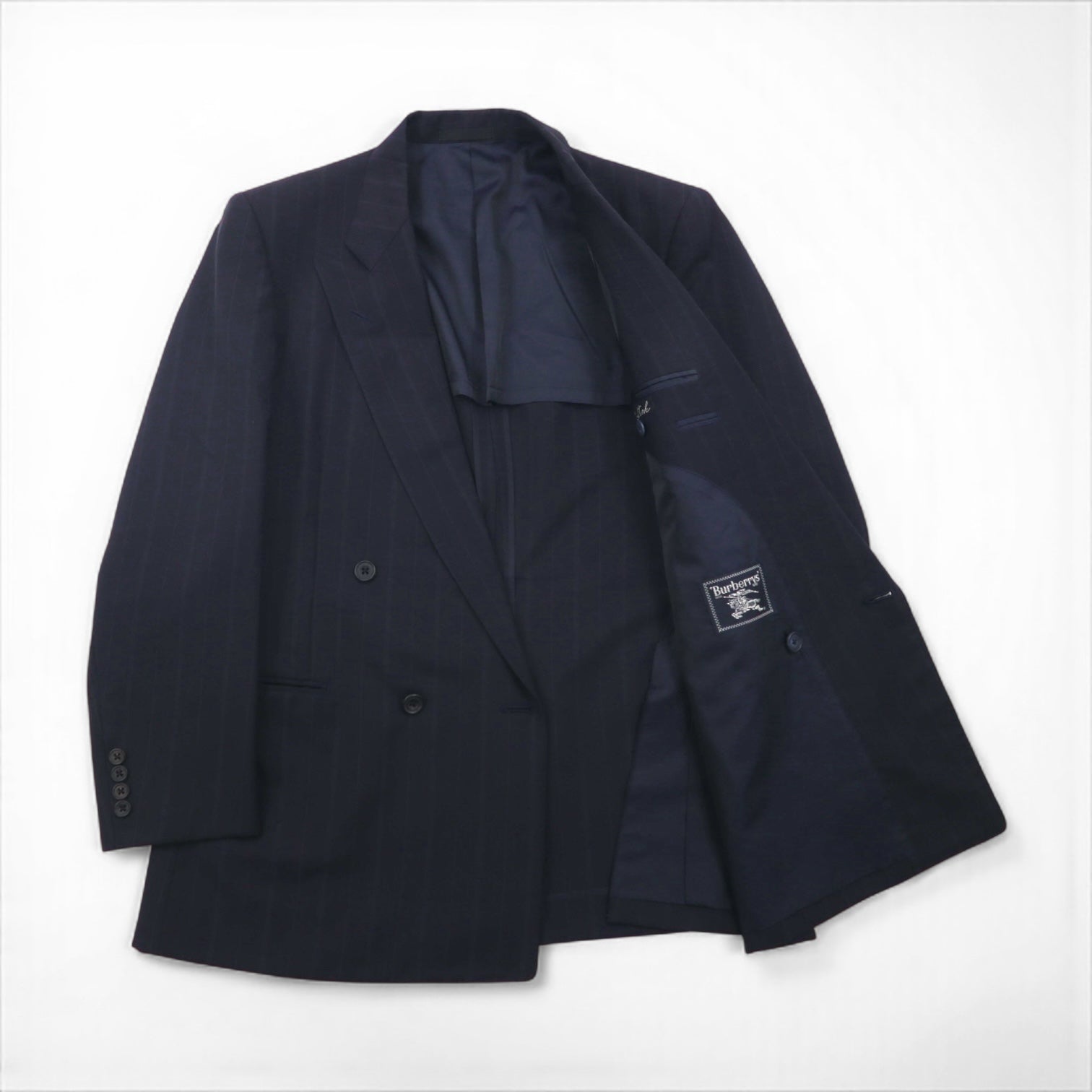 BURBERRY 日本製 ピークドラペル ダブル ブレザー セットアップ スーツ M ウール モヘア ストライプ WOOL＆MOHAIR