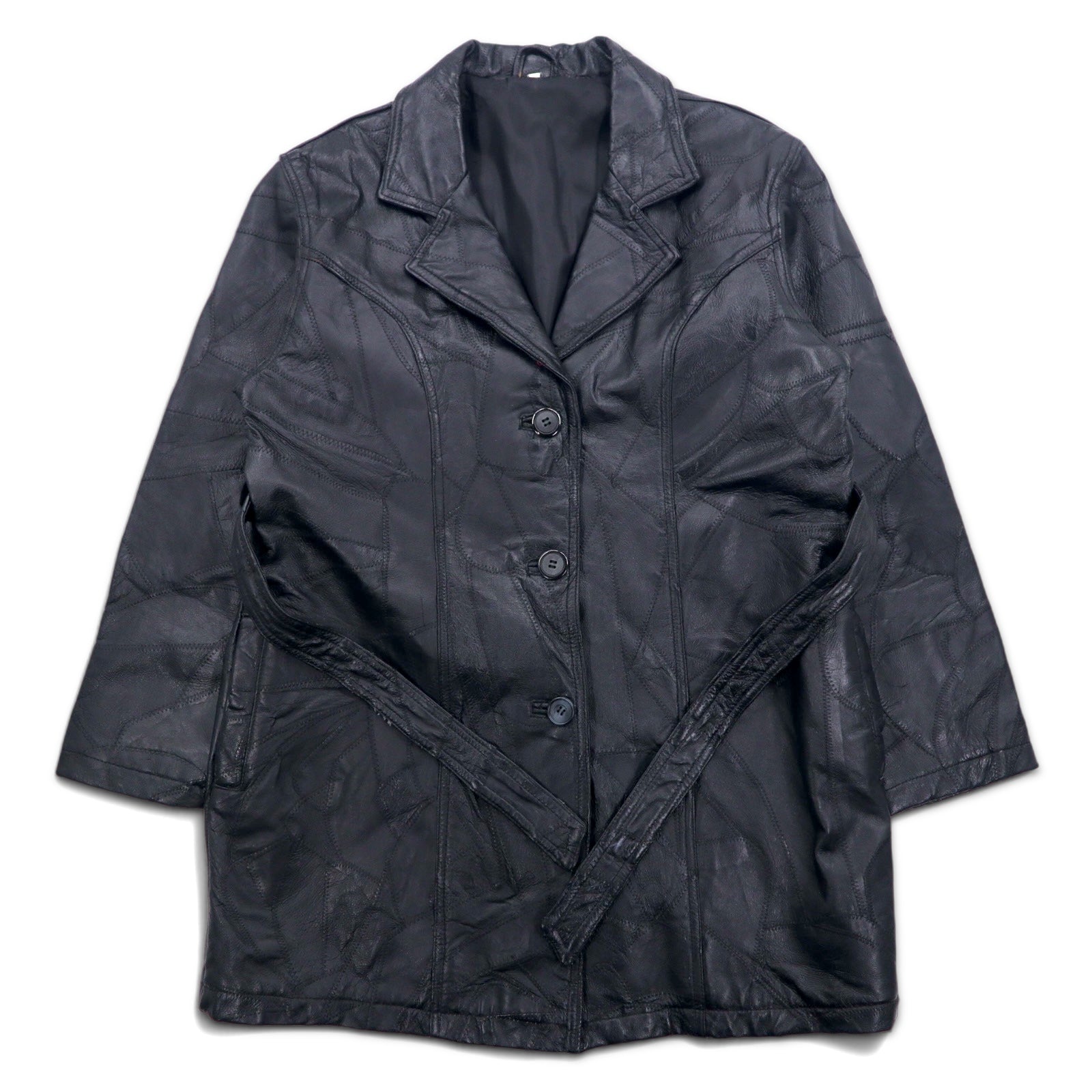 Anni '90, cappotto in pelle "Tsugihagi" (patchwork) taglia XL, nero, in pelle patchwork con cintura.
