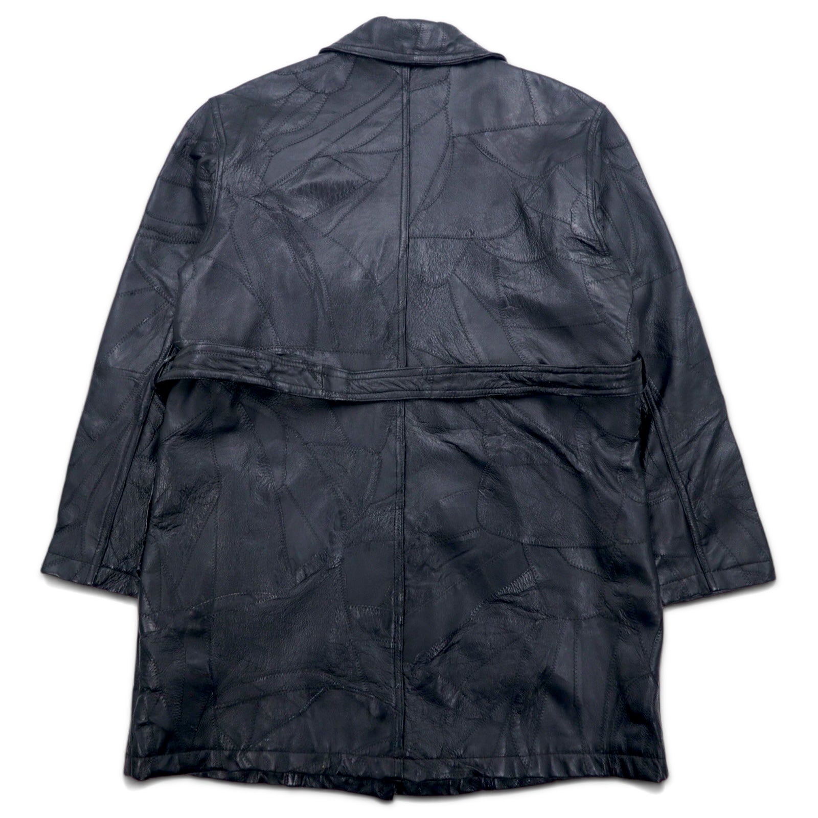 Anni '90, cappotto in pelle "Tsugihagi" (patchwork) taglia XL, nero, in pelle patchwork con cintura.