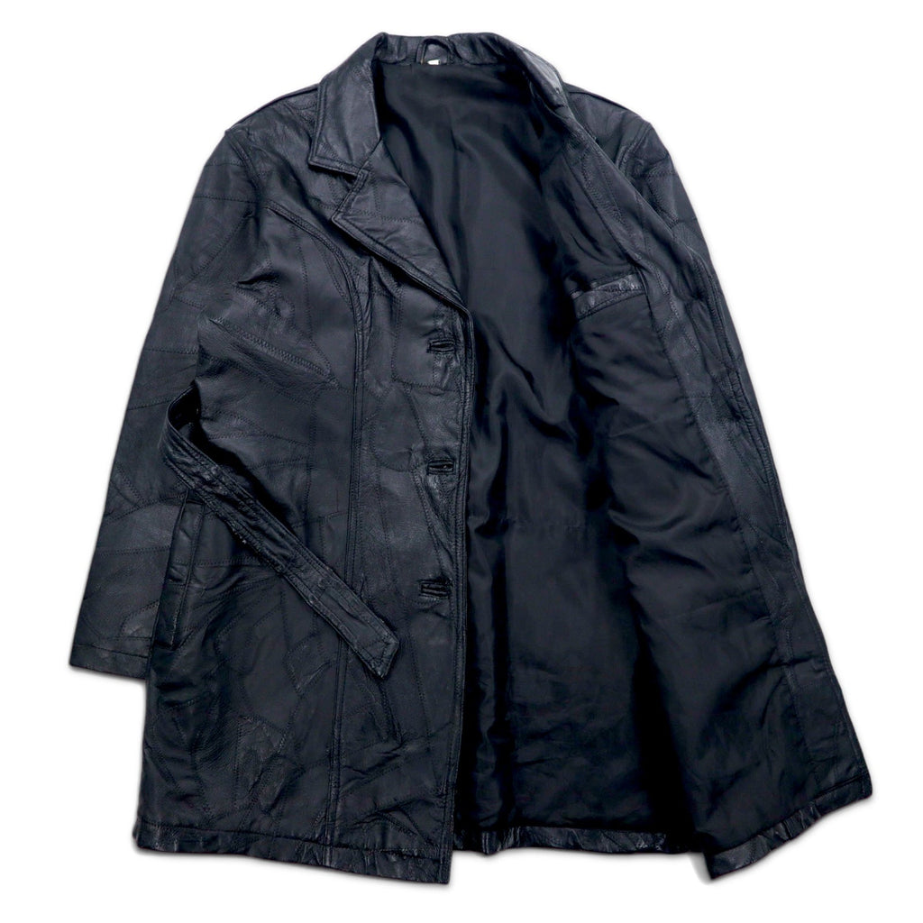 Anni '90, cappotto in pelle "Tsugihagi" (patchwork) taglia XL, nero, in pelle patchwork con cintura.