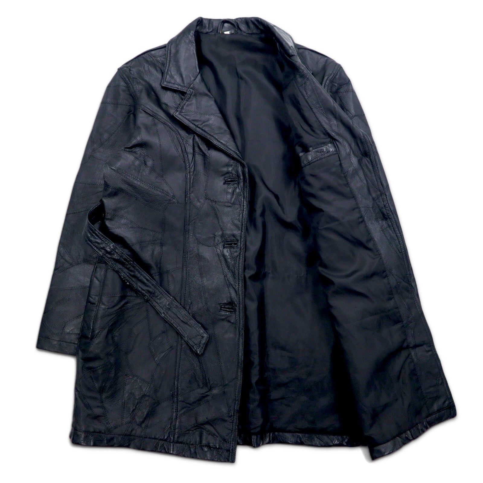 Anni '90, cappotto in pelle "Tsugihagi" (patchwork) taglia XL, nero, in pelle patchwork con cintura.