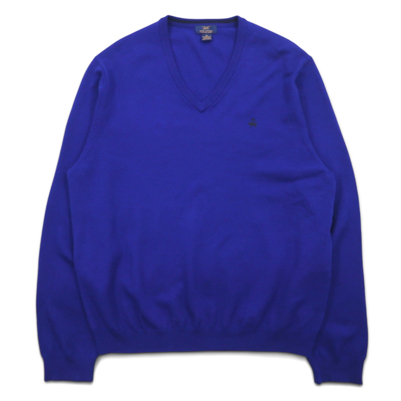 346 BROOKS BROTHERS Maglione in lana merino scollo a V XL Blu Lana Logo ricamato EXTRA FINE MERINO WOOL