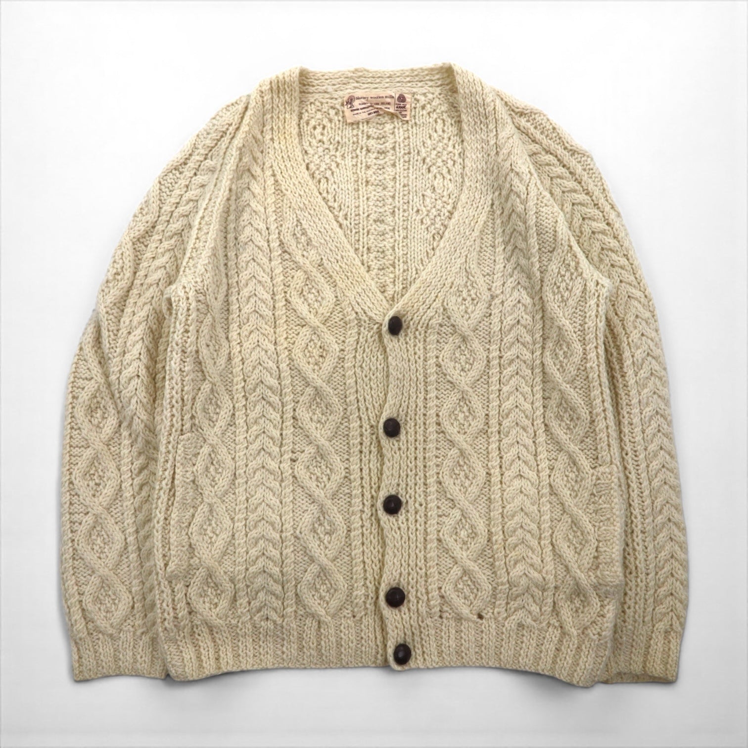 80s Ireland Vintage Fisherman Knit フィッシャーマン アラン ニット カーディガン M  ローゲージ くるみボタン Blarney Woollen Mills アイルランド製